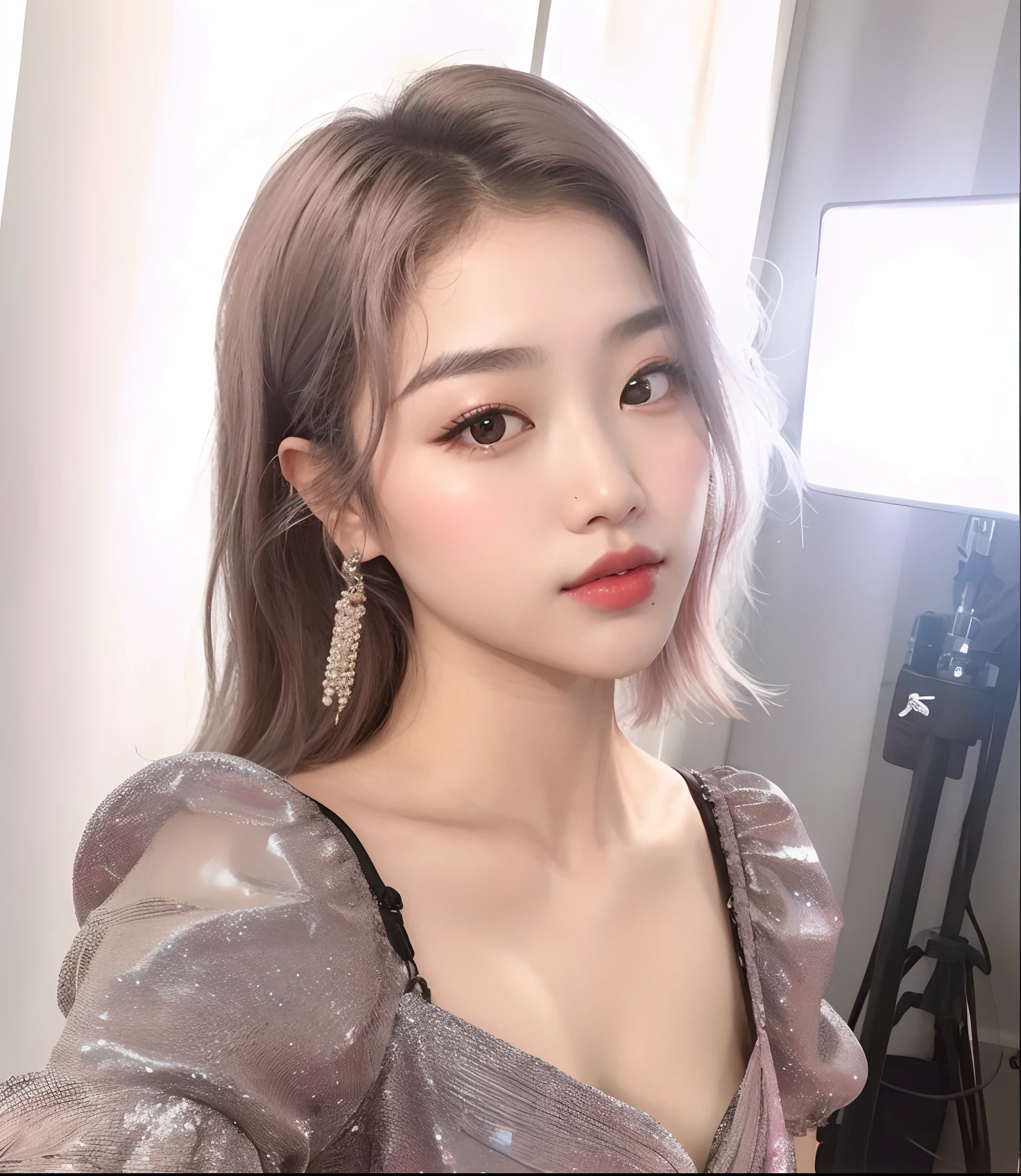 um close up de uma mulher com um vestido rosa e brincos, maquiagem sul-coreana popular, maquiagem coreana popular, Mulher sul-coreana bonita, com cabelos curtos, linda mulher coreana jovem, mulher coreana jovem bonita, 19-year-old girl, coreana, Heonhwa Choe, clear lips and high quality, branco hime corte penteado