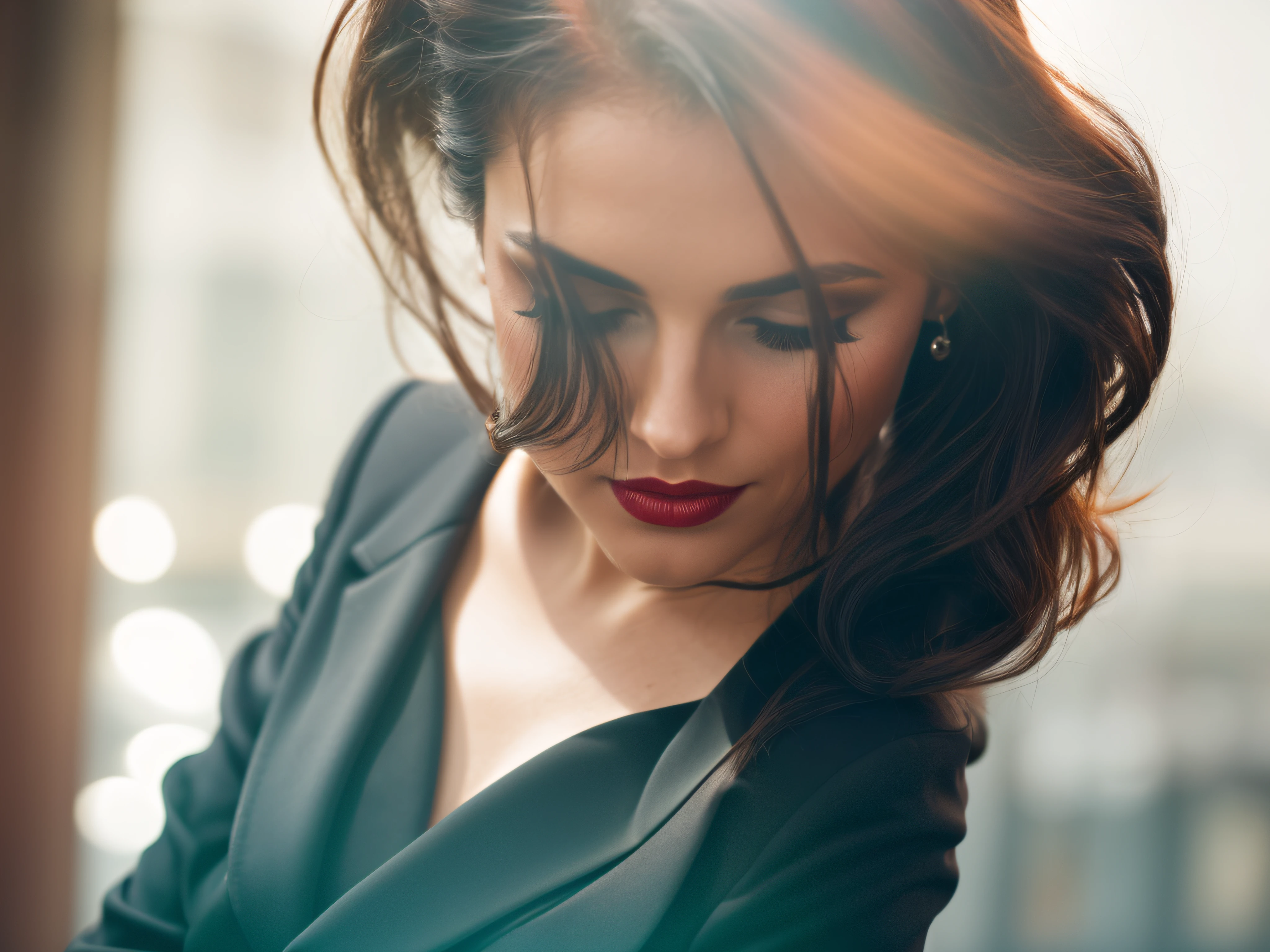 dark and gloomy, 8k, closeup photo of a 30-year-old brunette Brazilian businesswoman dark background at night, (realistic dark brown hair straight and with light waves) , makeup, red lips, brown eyes, (wearing black chanel tailoring blazer, black silk blouse and black straight tailoring pants), looking confidently, hyper realistic, {a girl with extremely beautiful olive skin},  (highly detailed skin: 1.2) {{{masterpiece}}}, realistic texture, dynamic composition, Fujifilm XT2, 85mm F1.2, shutter speed 1/80, (bokeh), high contrast