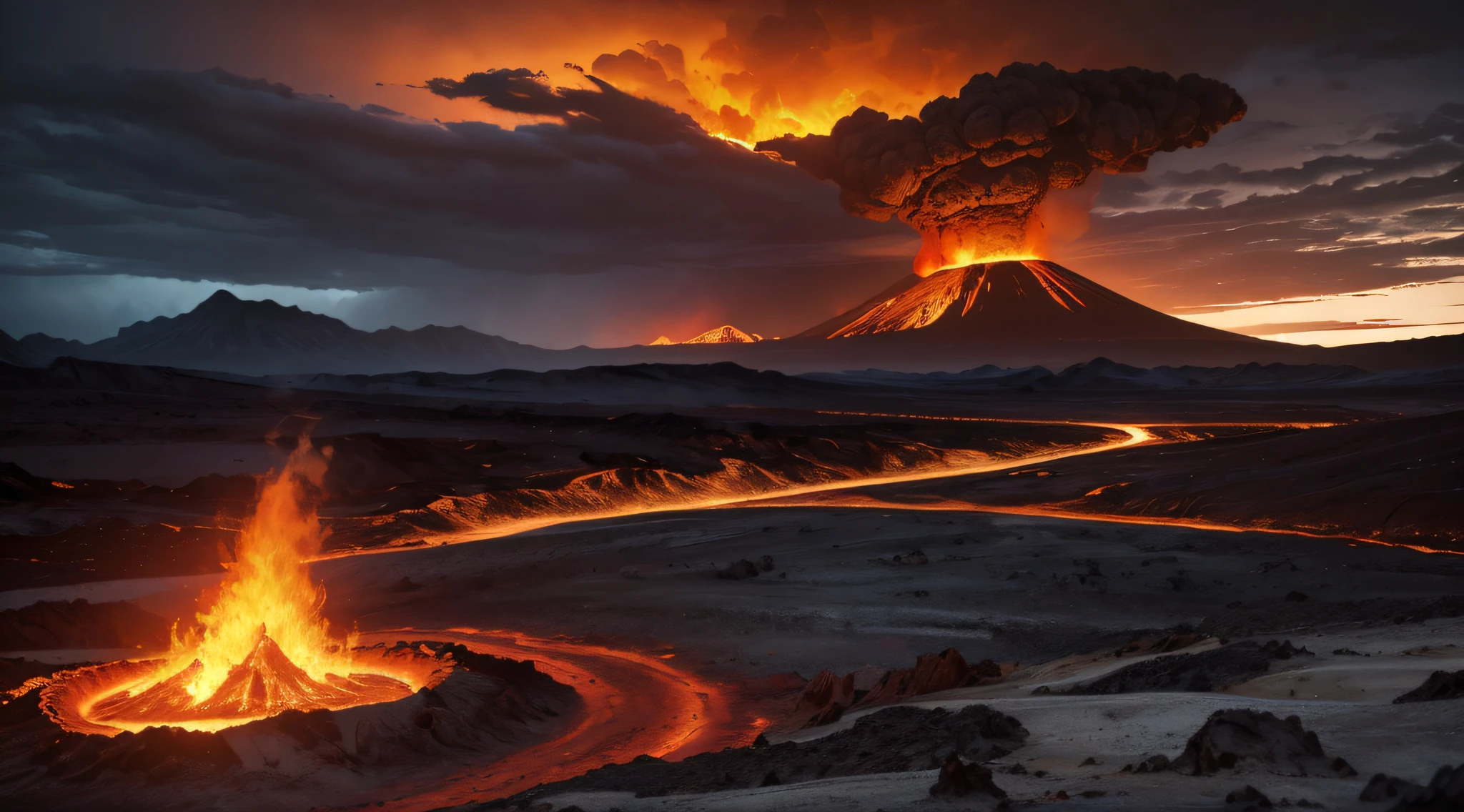 (best quality,4k,8k,highres,masterpiece:1.2),ultra-detailed,(realistic,photorealistic,photo-realistic:1.37),vulcano desert,vibrant colors,amazing geological formation,dramatic lighting,volcanic eruption,fiery lava flows,cracked dry earth,surreal desert landscape,lava spewing from the vulcano,volcanic ash swirling in the air,barren and desolate terrain,emission of toxic gases,smoke rising from the ground,scorching hot temperatures,hauntingly beautiful,majestic yet dangerous,incredible display of natural forces,molten red and orange hues,ominous clouds engulfing the sky,distant mountains covered in ash and debris,mysterious and otherworldly,apocalyptic scene,massive eruption shakes the ground,unforgiving and hostile environment,harsh and unforgiving conditions,uninhabited and isolated,full of raw power and energy.