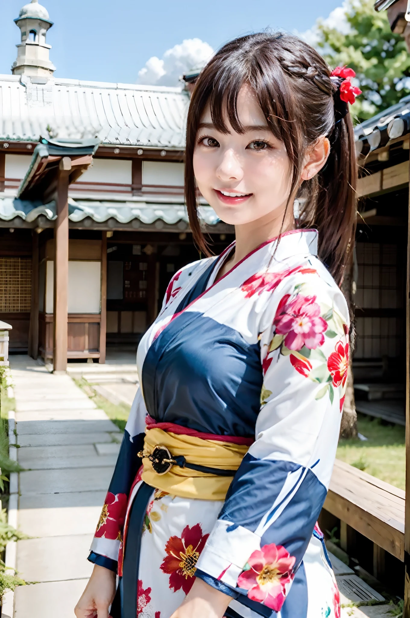 Beautiful Japan woman, kimono, top quality, masterpiece, super high resolution, photorealistic, horizon look, smiling