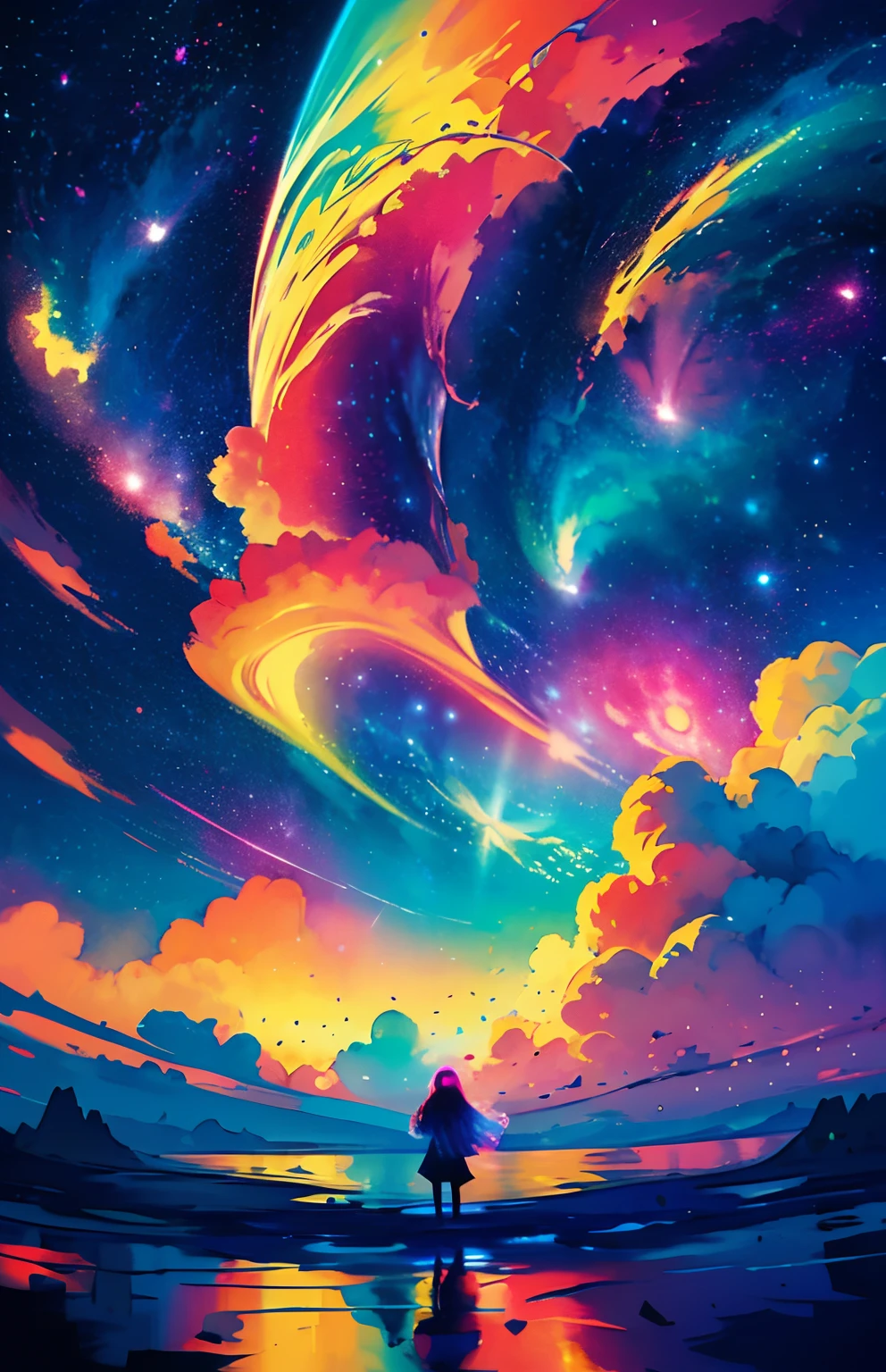 Girl standing in the clouds, stars floating around her, brilliant colors, amazing swirls of cosmic dust, colorful vibrant, light particles, water color painting, splash art,