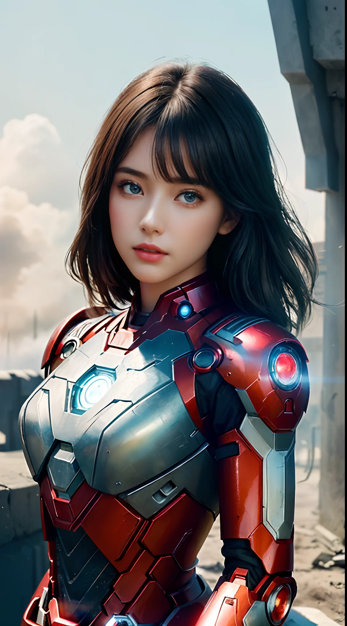 (1girl:1.3), Solo, (((Very detailed face)))), ((Very detailed eyes and face)))), Beautiful detail eyes, Body parts__, Official art, Unified 8k wallpaper, Super detailed, beautiful and beautiful, beautiful, masterpiece, best quality, original, masterpiece, super fine photo, best quality, super high resolution, realistic realism, sunlight, full body portrait, amazing beauty, dynamic pose, delicate face, vibrant eyes, (from the front), She wears an Iron Man suit, red and black color scheme, war armor, very detailed war ruins background, detailed face, detailed complex busy background, messy, gorgeous, milky white, highly detailed skin, realistic skin details, visible pores, clear focus, volumetric fog, 8k uhd, DSLR, high quality, film grain, fair skin, photo realism, lomography, futuristic dystopian megalopolis, seen from below, translucent