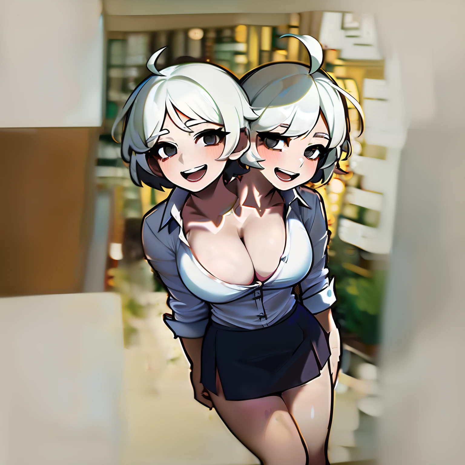 ((2heads)), ((double cleavage)), ((tribreasts)), ((masterpiece, best quality)), (1girl), (solo), (female focus), (ahoge, white hair, short hair), black eyes, light smile, open mouth, ((white shirt), (buttoned shirt), (button gap)), ((black skirt), (short skirt)), standing, white background, arms behind back, dynamic angle