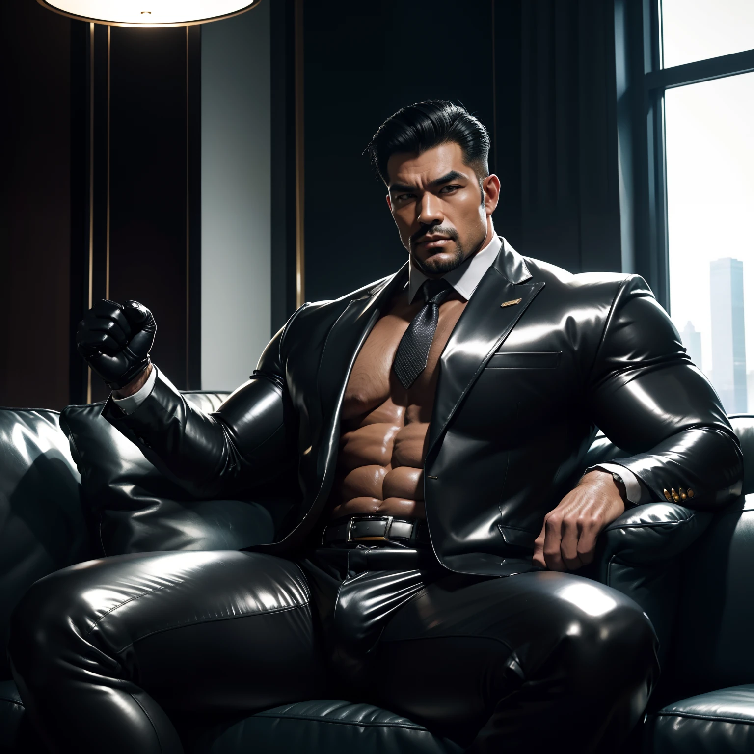 30 years old,daddy,"shiny suit ",Dad sat on sofa,k hd,in the office,"big muscle", gay ,black hair,asia face,masculine,strong man,the boss is,handsome,sex,leather gloves,lecherous dad,look straight ahead,"dad is handsome","gay dad","handsome","raise your hand"
