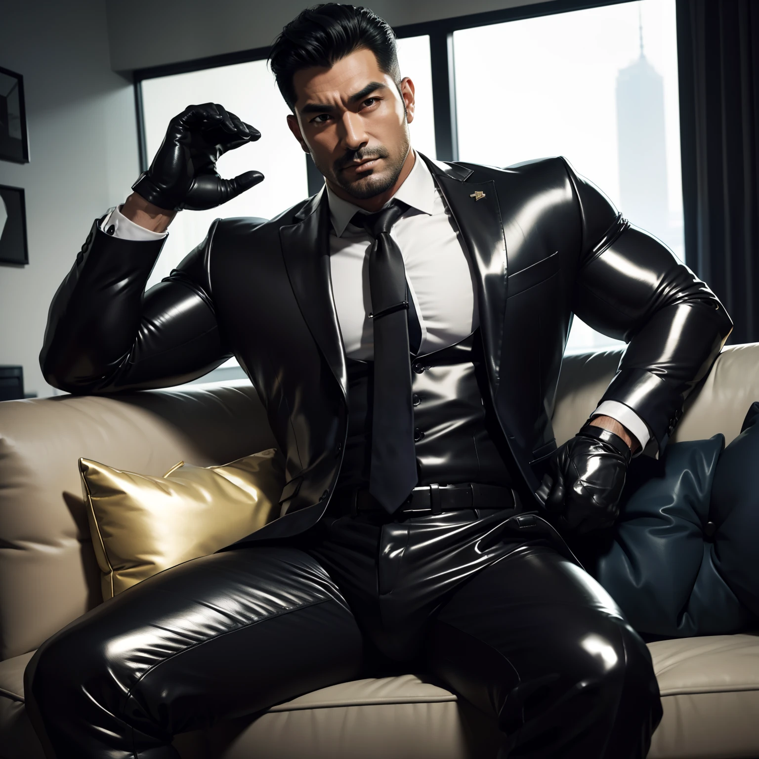 30 years old,daddy,"shiny suit ",Dad sat on sofa,k hd,in the office,"big muscle", gay ,black hair,asia face,masculine,strong man,the boss is,handsome,sex,leather gloves,lecherous dad,look straight ahead,"dad is handsome","gay dad","handsome","raise your hand"