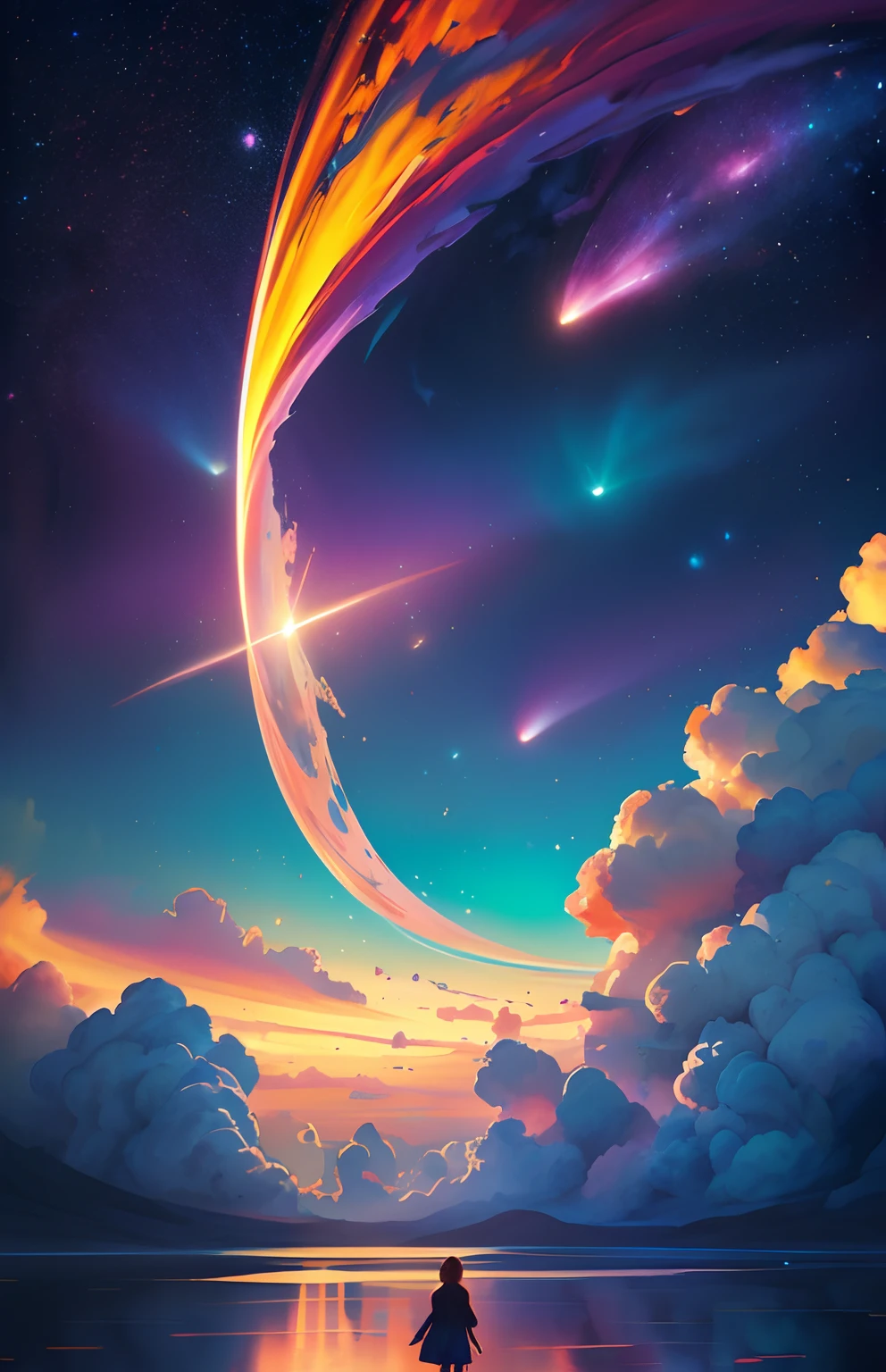 Girl standing in the clouds, stars floating around her, brilliant colors, amazing swirls of cosmic dust, colorful vibrant, light particles, water color painting, splash art,