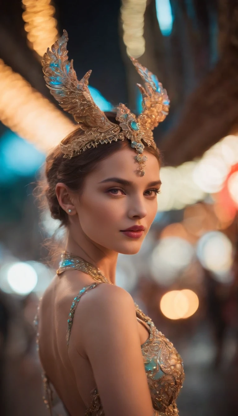 In a strikingly evocative composition, a mythopoeic creature, bathed in neon lights and adorned in high fashion, resonates with an otherworldly vibrancy. This captivating image, captured in a lomographic photograph, showcases a resplendent being that exudes an intoxicating blend of enchantment and fashion-forward elegance. Every nuanced detail is meticulously highlighted, from the exquisite embellishments on the creature's intricate attire to the mesmerizing neon glow that seems to pulsate with a life of its own. The image radiates a sense of artistic mastery, serving as a testament to the skilled craftsmanship and impeccable vision of the photographer.
