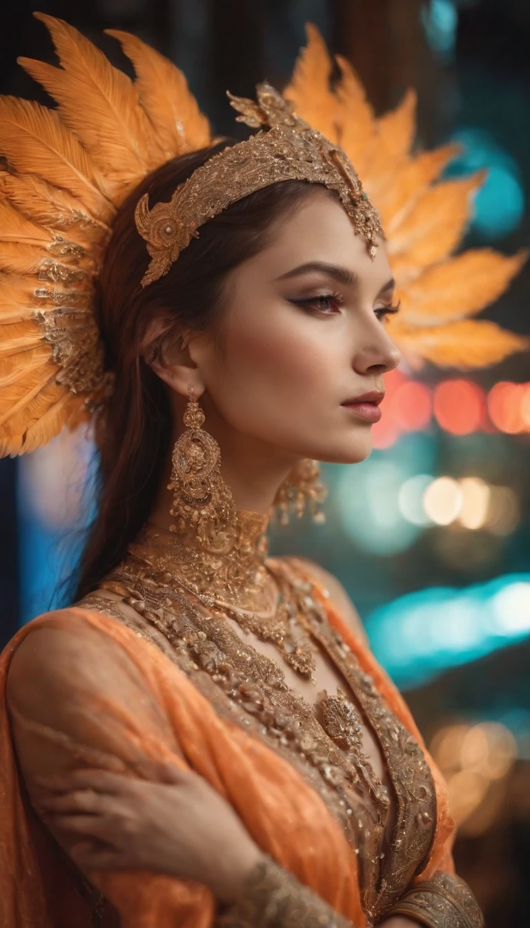 In a strikingly evocative composition, a mythopoeic creature, bathed in neon lights and adorned in high fashion, resonates with an otherworldly vibrancy. This captivating image, captured in a lomographic photograph, showcases a resplendent being that exudes an intoxicating blend of enchantment and fashion-forward elegance. Every nuanced detail is meticulously highlighted, from the exquisite embellishments on the creature's intricate attire to the mesmerizing neon glow that seems to pulsate with a life of its own. The image radiates a sense of artistic mastery, serving as a testament to the skilled craftsmanship and impeccable vision of the photographer.