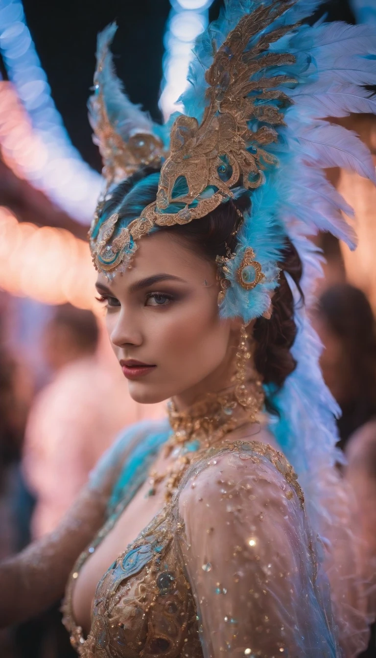 In a strikingly evocative composition, a mythopoeic creature, bathed in neon lights and adorned in high fashion, resonates with an otherworldly vibrancy. This captivating image, captured in a lomographic photograph, showcases a resplendent being that exudes an intoxicating blend of enchantment and fashion-forward elegance. Every nuanced detail is meticulously highlighted, from the exquisite embellishments on the creature's intricate attire to the mesmerizing neon glow that seems to pulsate with a life of its own. The image radiates a sense of artistic mastery, serving as a testament to the skilled craftsmanship and impeccable vision of the photographer.