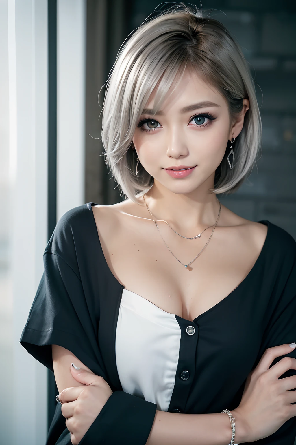 Masterpiece, 8K, award-winning photos, photorealistic, realistic, ultra detailed, ultra high definition, ray tracung,
__
the most beautiful, 22 years old ,(sexy,Japanese idol, gray hair, short hair),shiny skin , detailed skin , detailed face , detailed eyes ,
__
__
(droopy eyes, Natural makeup,smile:1.3),glistening teeth,
__
glowing blue eyes, tan skin,
__
BREAK (black theme:1.4), (tucked out and button-up oversized black collared-shirt with black shirt-hem:1.5), (long sleeves:1.2), ((collarbone, wrist):1.3),
BREAK (White theme:1.2), (White tight long-pants:1.2), (ankle:1.3), (high heels:1.2), ((necklace, earrings):1.2),
__
at a shopping mall, highly detailed background, , ultra-realistic textures, dramatic lighting ,raw photo, 1girl,