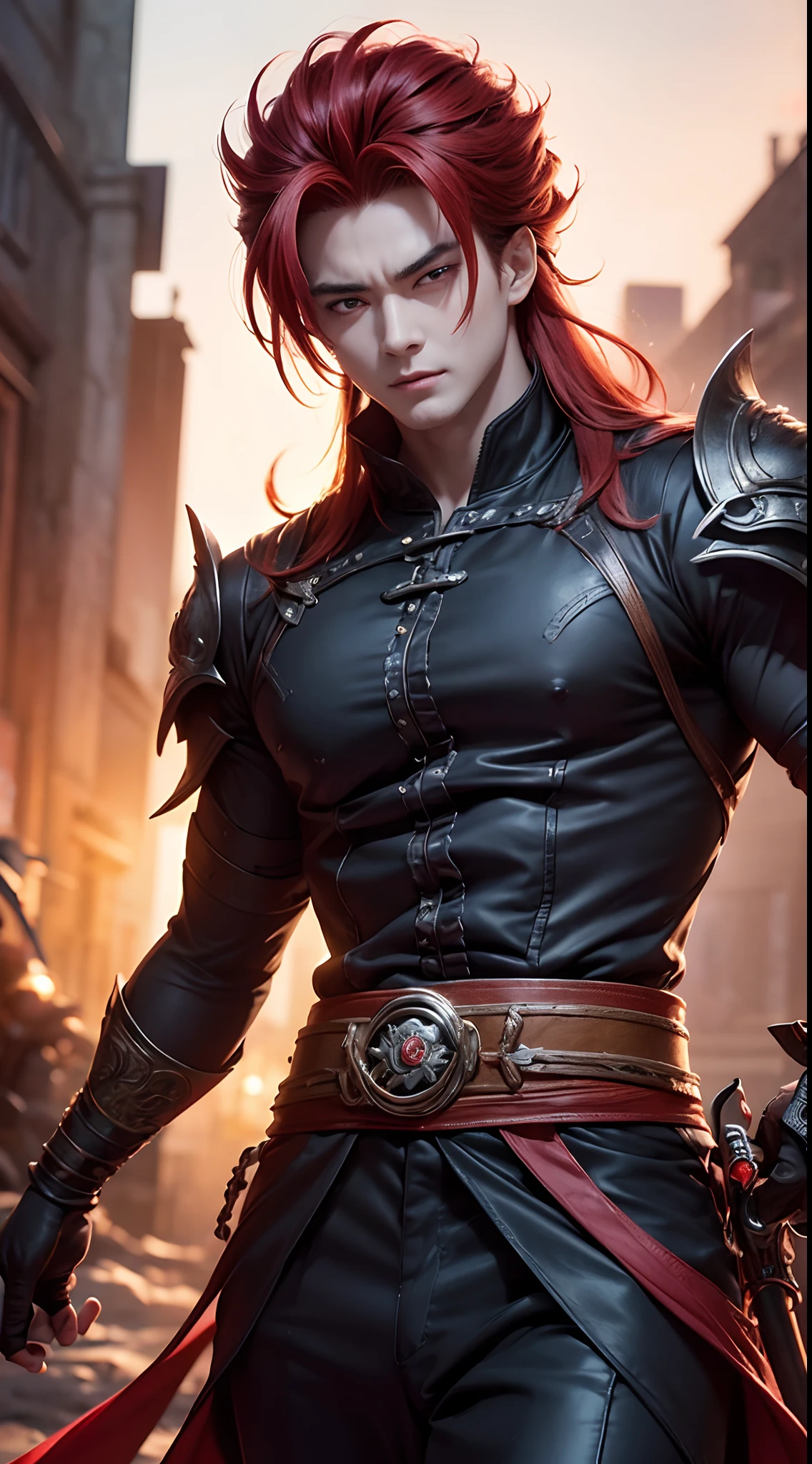 An 8k masterpiece, highest resolution, every detail, meticulous detail, depth of field, bright colors, beautiful composition: stunning take on an anime character Gohan with brilliant red hair and beautifully detailed glowing eyes, standing against a dark and ominous background. This handsome demon slayer is the epitome of bad guys in the world of fantasy art.