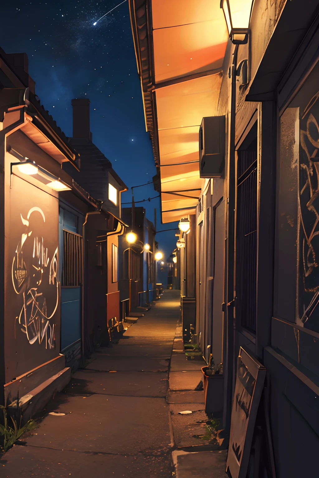 To create for me a city at night with houses with their walls scratched and graffiti very urban with the starry sky