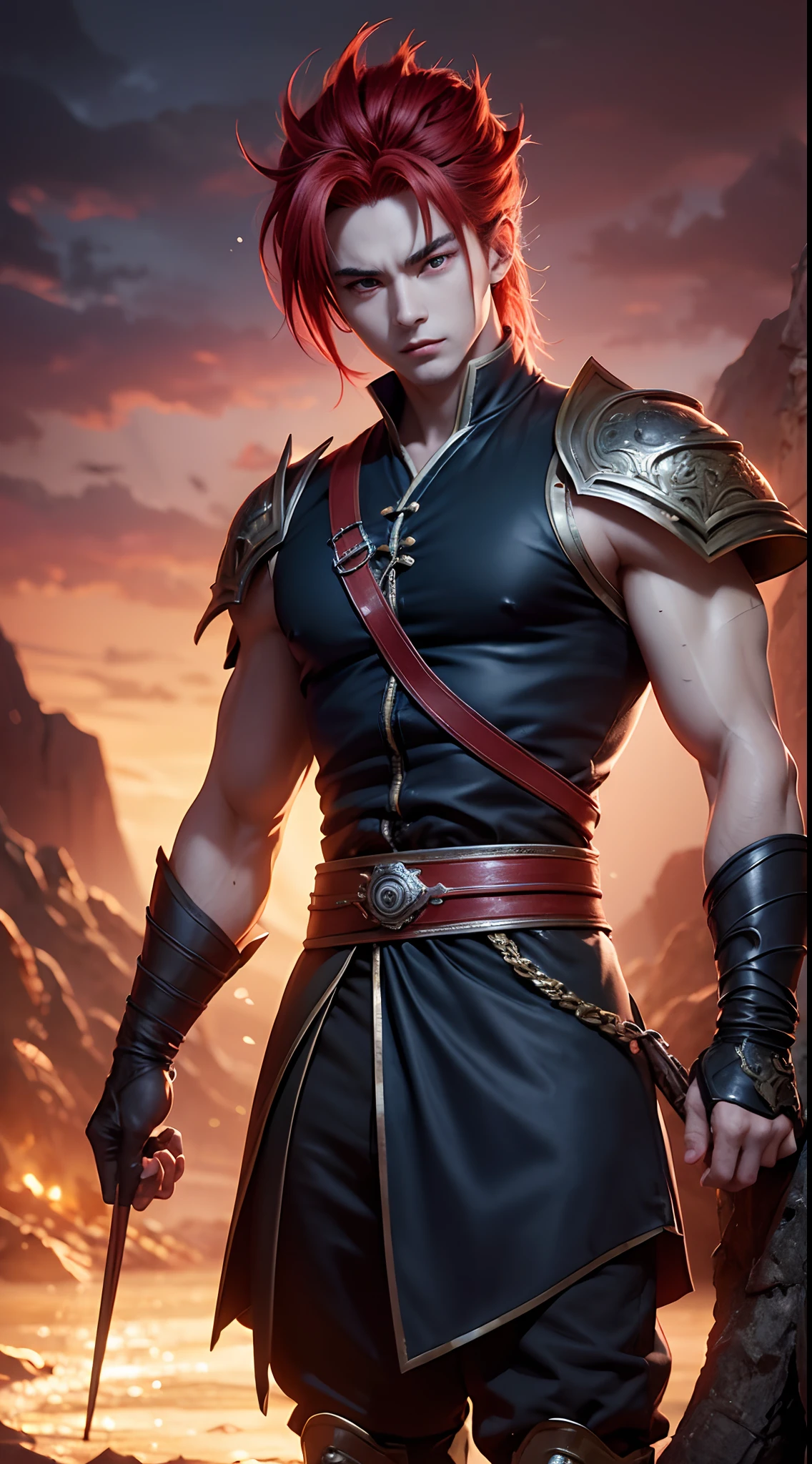 An 8k masterpiece, highest resolution, every detail, meticulous detail, depth of field, bright colors, beautiful composition: stunning take on an anime character Gohan with brilliant red hair and beautifully detailed glowing eyes, standing against a dark and ominous background. This handsome demon slayer is the epitome of bad guys in the world of fantasy art.
