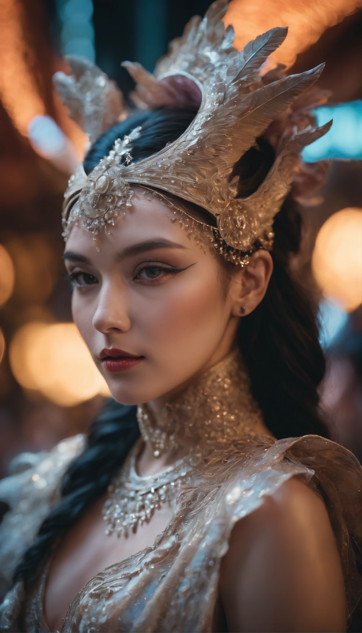 In a strikingly evocative composition, a mythopoeic creature, bathed in neon lights and adorned in high fashion, resonates with an otherworldly vibrancy. This captivating image, captured in a lomographic photograph, showcases a resplendent being that exudes an intoxicating blend of enchantment and fashion-forward elegance. Every nuanced detail is meticulously highlighted, from the exquisite embellishments on the creature's intricate attire to the mesmerizing neon glow that seems to pulsate with a life of its own. The image radiates a sense of artistic mastery, serving as a testament to the skilled craftsmanship and impeccable vision of the photographer.
