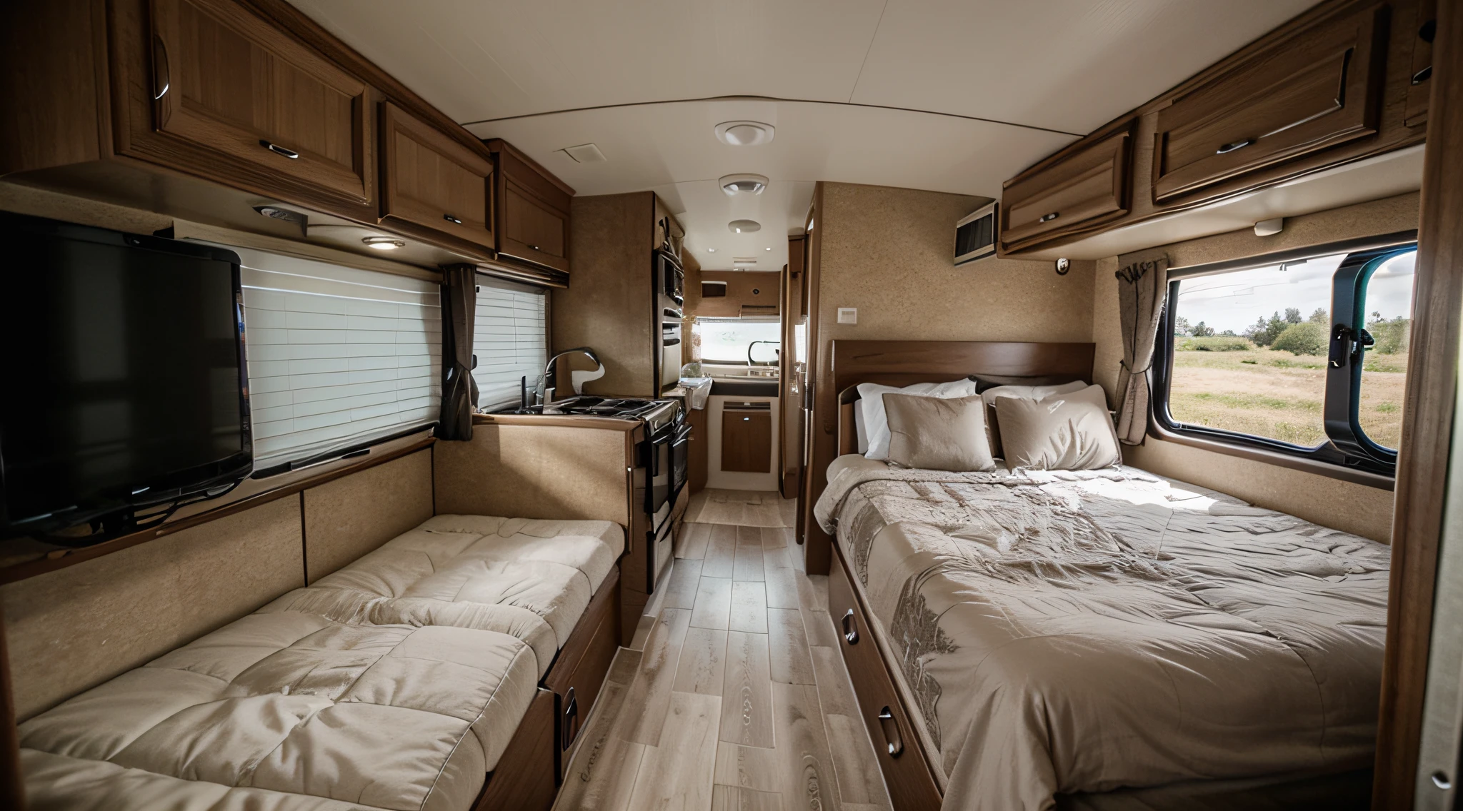 interior de uma van com a porta lateral aberta. Motorhome van with mattress.