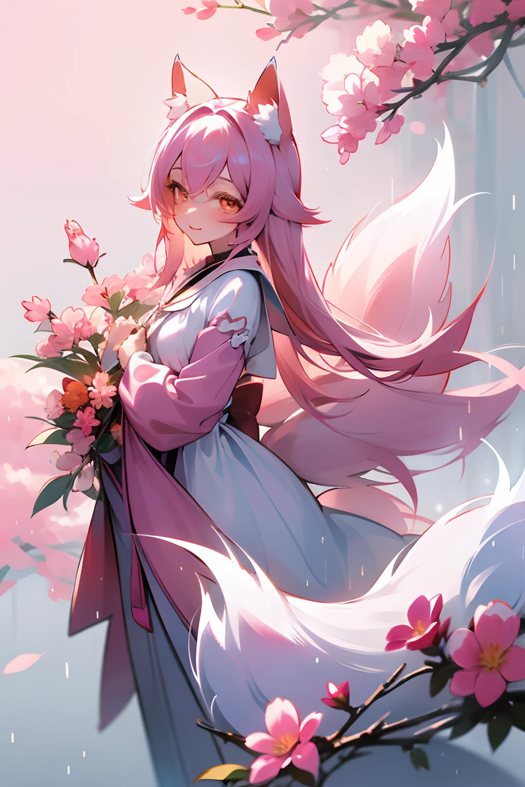 9 snow-white fox tails (1.0), Milky Foxtail (1.0), Close-up of a nine-tailed fox, Ninetail, Ninetail, Anime girl with pink hair and flowers in pink dress, Very beautiful anime fox girl, Beautiful anime fox girl, beautiful fantasy anime, guweiz, Anime girl with fox ears, Beautiful anime girl, Very beautiful and cute fox girl, Rain of pink flowers, Background blur, anime style 4 k, anime fantasy artwork, 4k anime wallpaper, Guvez style artwork