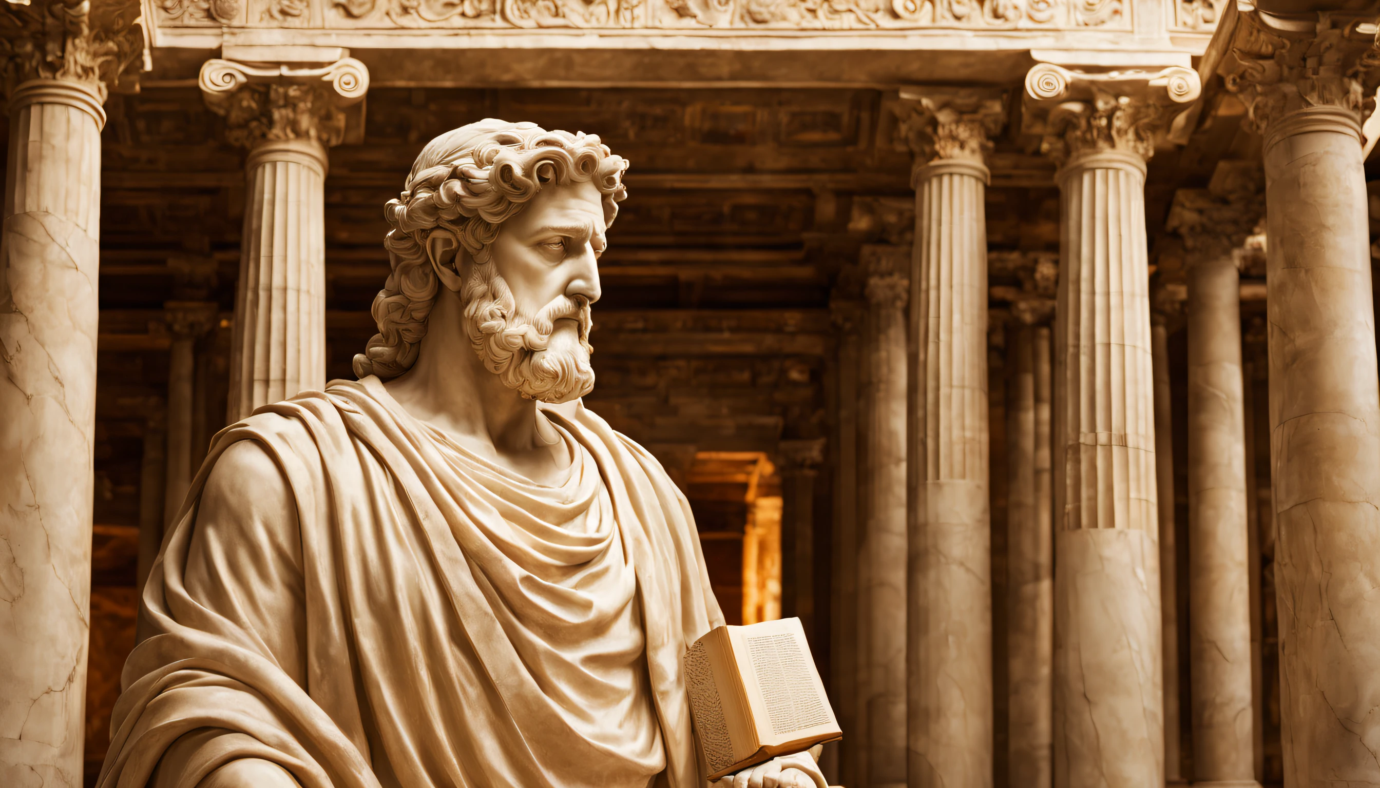 Visualize a high-resolution image of a stoic, serious, and serene being in a historical setting that represents strength and wisdom. The character is in an ancient temple with majestic columns and marble statues of gods. Behind them, there is an imposing library of ancient scrolls and books. The color palette should convey serenity, with shades of ivory and antique gold, highlighting the character's face with soft light that enhances the wise expression. The setting evokes ancient wisdom and accumulated knowledge over the centuries, Sculpture, marble, --ar 16:9 --v 5.