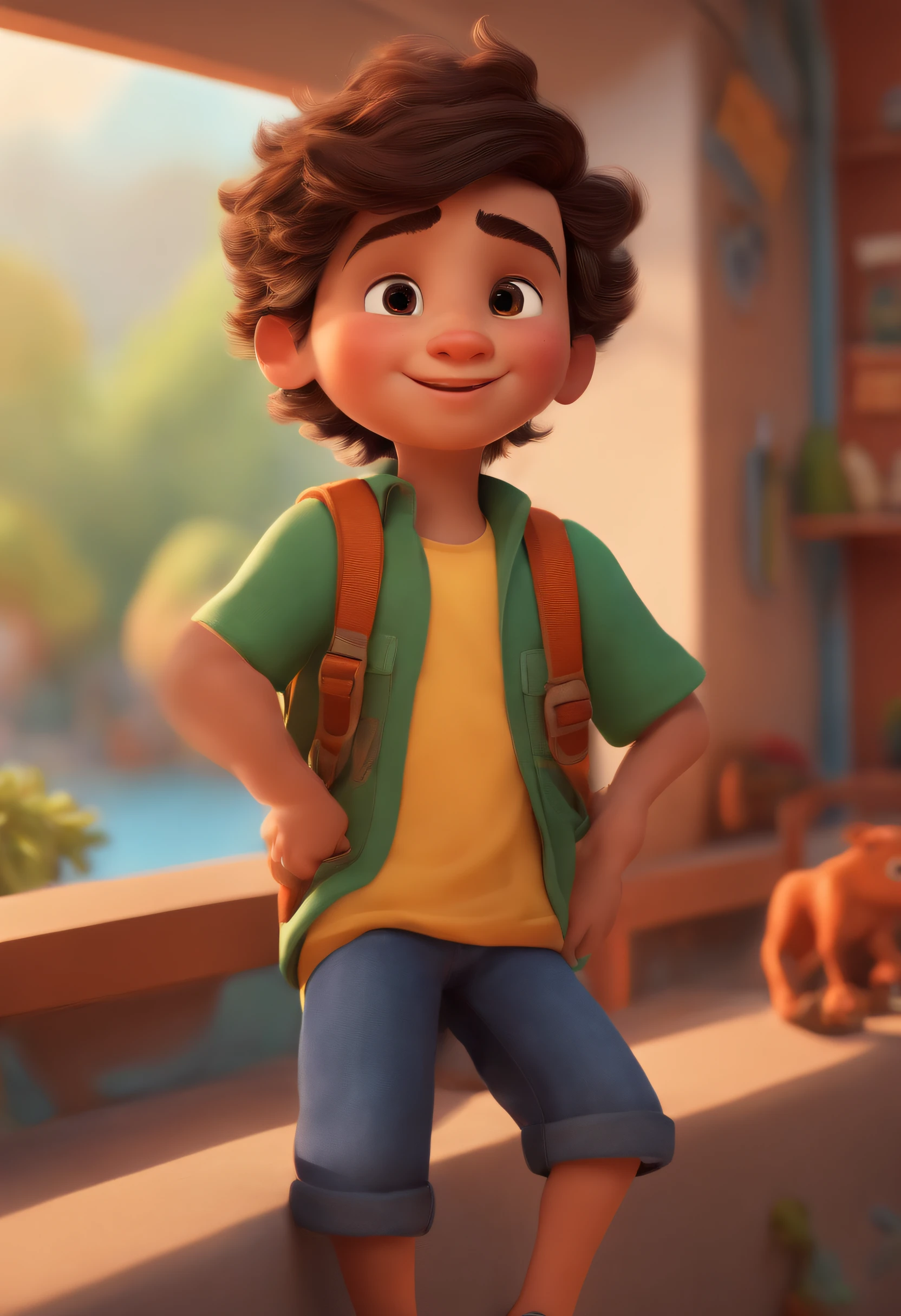 Image of a boy for a story in a YouTube video in Pixar format, He's the little allabester, He's the class leader, He's outgoing, Playful and gets up for a lot of things, cabelo curto