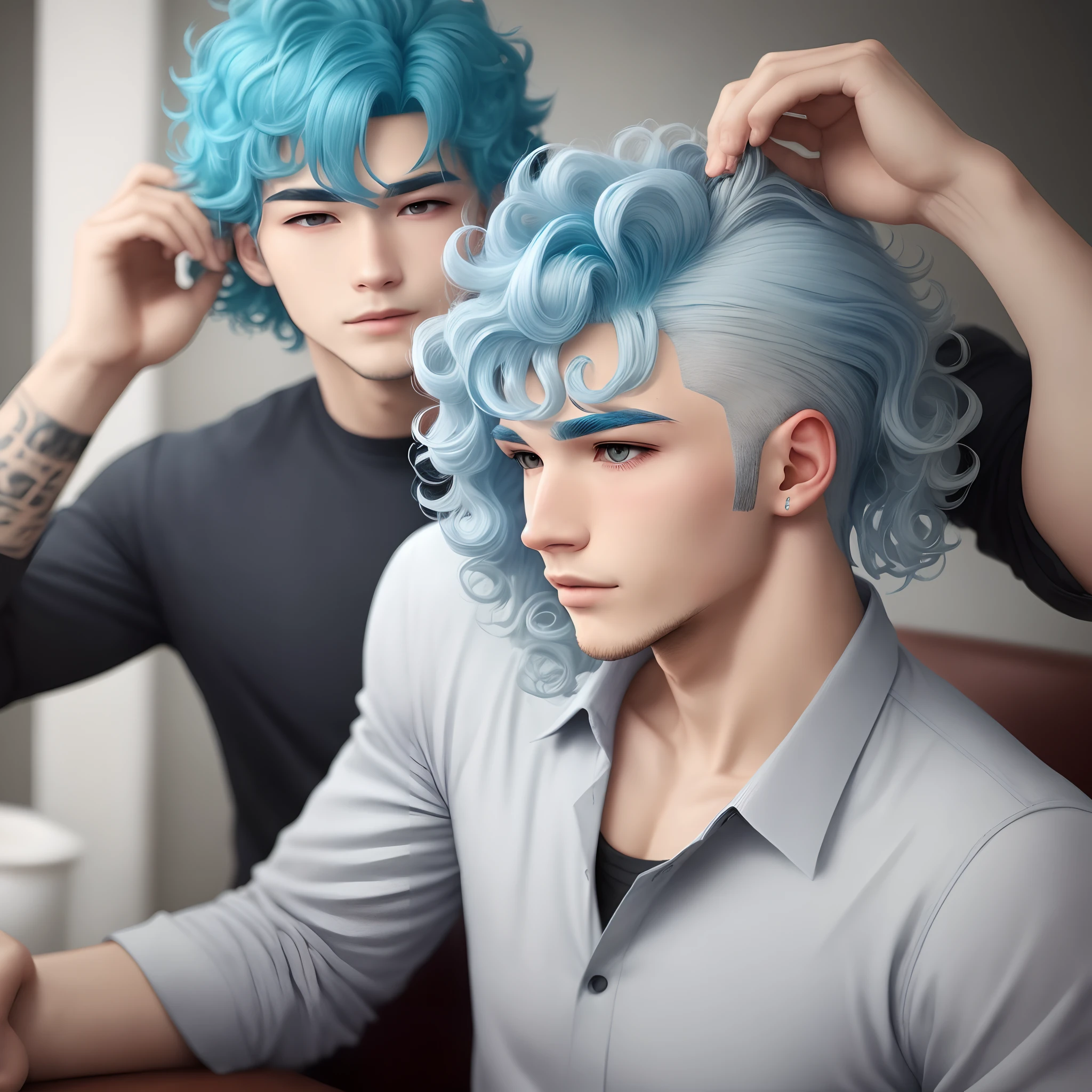 Man get curly hair with very light blue hair with grey roots