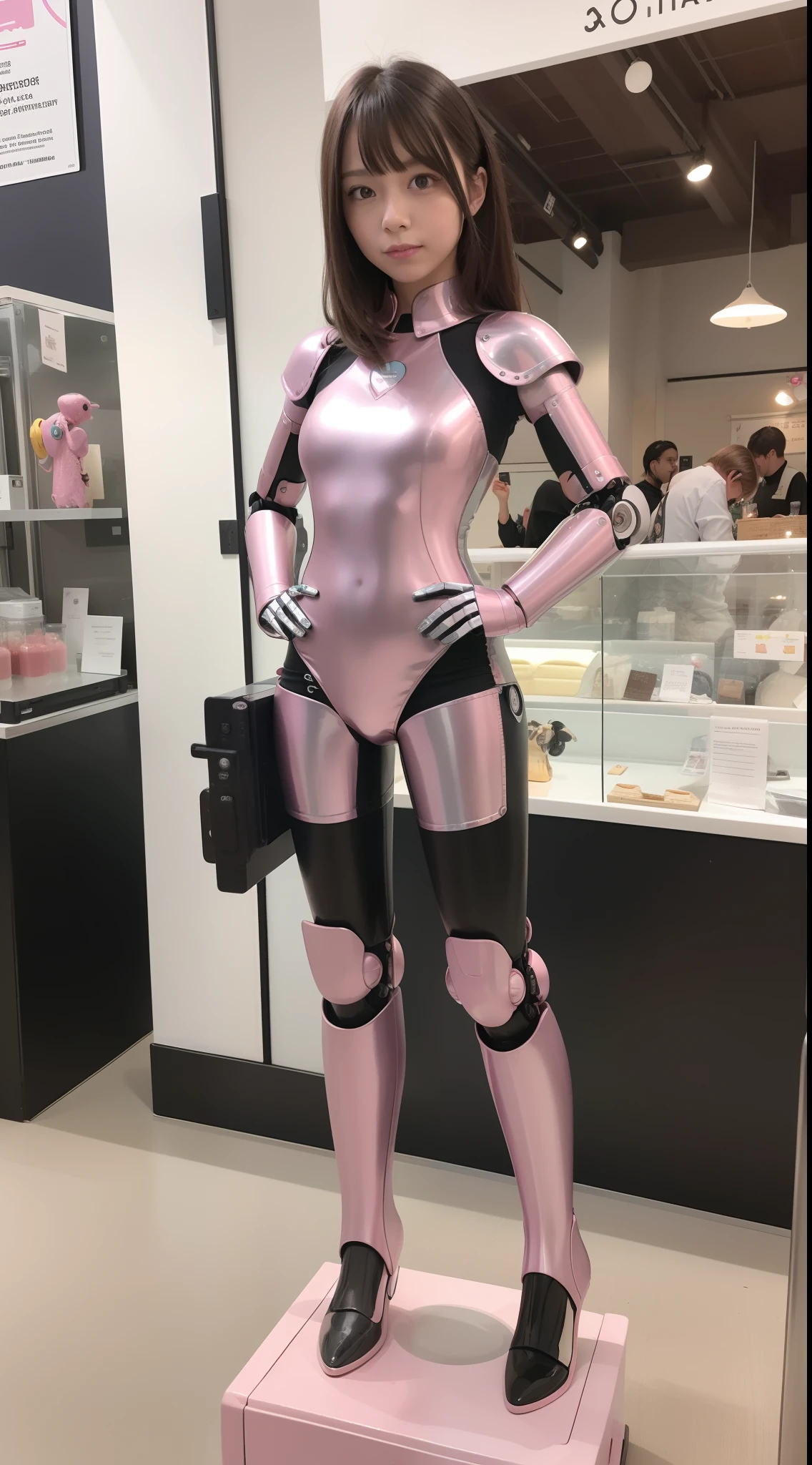 Robot Girl, pink there, Silver, Metallic body, Robot Parts, Metal Parts, Super Detailed Face, Super well-formed face, of the highest quality, a small face, small head, Brown hair, Slender body, Camera gaze, Internal Mechanical Exposure, Idol, front facing, Well-proportioned body, sale, exhibition, Event Hall, Moe Pose, pink metallic maid Dress Machine Armor, Standing with legs open, Hands on hips, Model body type, sad, Embarrassing,(Perfect Robot Girl),(Perfect machine body)