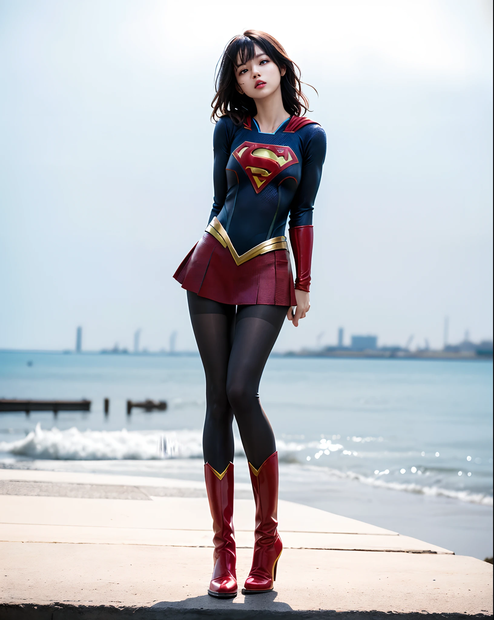 No background、Fitted Supergirl costume、Body Fit Costumes、and draw the full body、(((Wear black tights on your beautiful legs.)))、(((Grow legs、tall、Legally express the beauty of your smile)))、((((Make the most of the original image)))、(((Supergirl Costume)))、(((beautiful hairl)))、(((Suffering)))、(((Feet must necessarily be worn with black tights)))、(((You need to wear red boots)))、((Top image quality、8K))、((top-quality、8K、masterpiece:1.3))、(((Keep Background )))、Crisp focus:1.2、Beautiful woman with perfect body shape:1.4、Slender Abs:1.2、a wet body:1.5、Highly detailed facial and skin texture、8K
