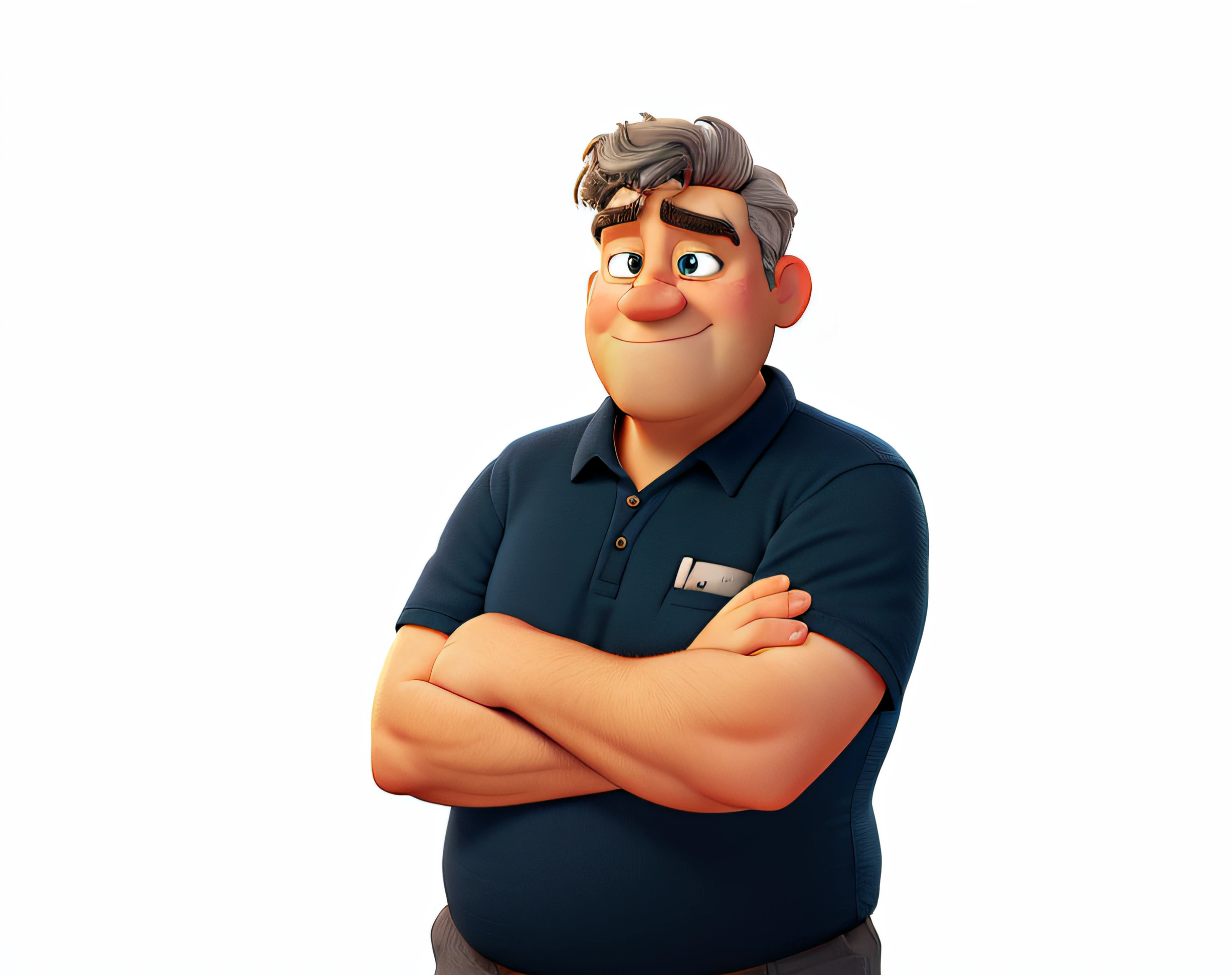 looking like a 60 year old man, with a small smile, blue eyes, thick gray eyebrows, prominent nose, a little overweight, fat neck, hair on his arms, pixar art