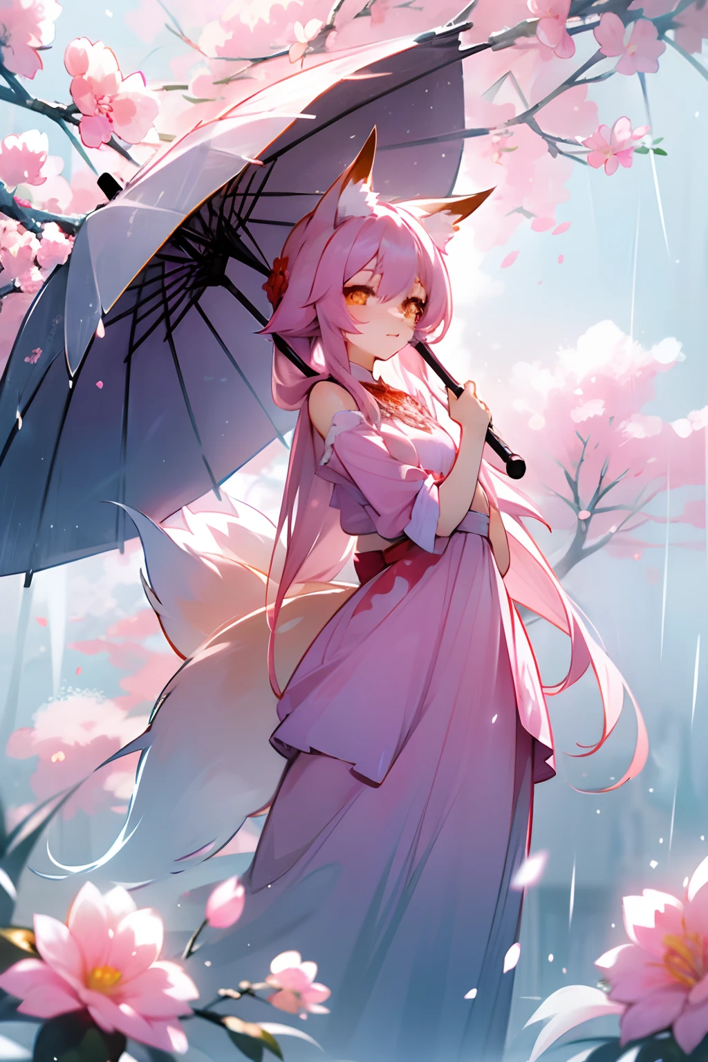 9 snow-white fox tails (1.0), Milky Foxtail (1.0), Close-up of a nine-tailed fox, Ninetail, Ninetail, Anime girl with pink hair and flowers in pink dress, Very beautiful anime fox girl, Beautiful anime fox girl, beautiful fantasy anime, guweiz, Anime girl with fox ears, Beautiful anime girl, Very beautiful and cute fox girl, Rain of pink flowers, Background blur, anime style 4 k, anime fantasy artwork, 4k anime wallpaper, Guvez style artwork