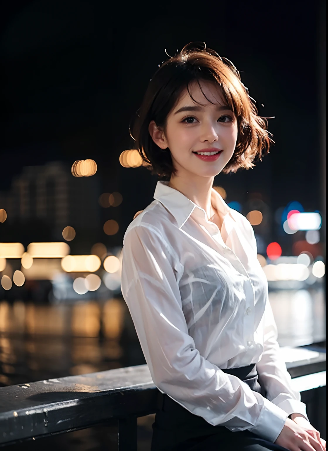 (8k, Best Quality, Masterpiece: 1.2), (Realistic, Photorealistic: 1.37), Super Detailed, 1 Girl, Cute, Alone, Beautiful Detailed Sky, Detailed Cafe, Night, Sitting, Date, ( Nose blush), (smile: 1.15), (close mouth) small breasts, beautiful details, (collared shirt: 1.1), night, wet, business wear, rain, white lace, (short hair: 1.2), floating Hair NovaFrogStyle,