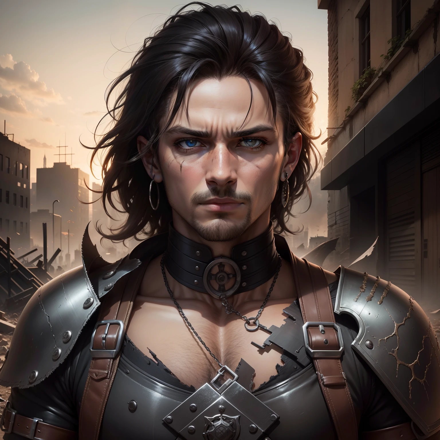 Detalhe extremo, 8k, Ultra Qualidade, master part, illustration, fotorrealista, hyper realistic, intricate sharp details, dramatic lighting, oil painting, Olhos detalhados, Rosto detalhado, The world is dark and desolate as a handsome young man looks up at the ruins of an apocalyptic city that has remained undisturbed for centuries, coberto e desmoronando, Three fingers, Metal and rusty structures