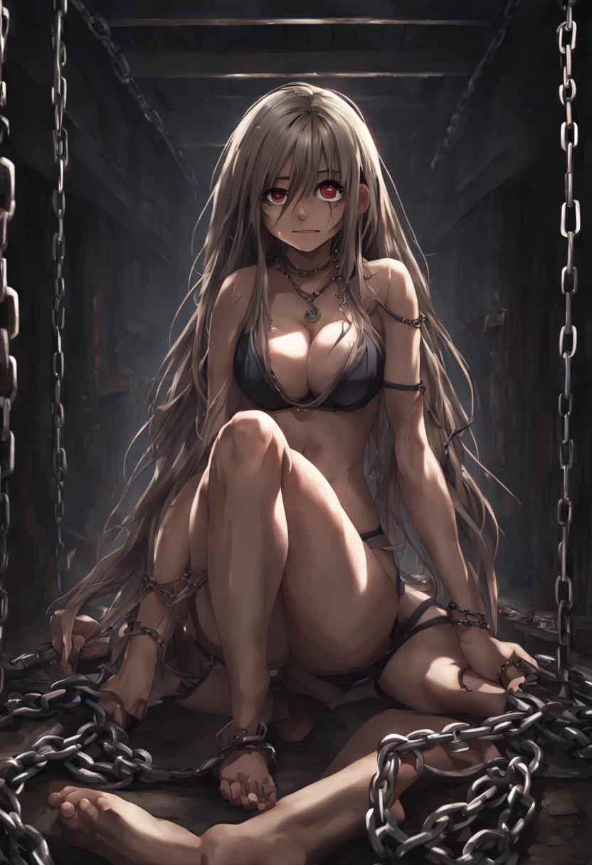 (masterpiece), best quality, long hair, expressive eyes, perfect face, anime, cute, bikini, barefoot, feet, ugly crying, in a dark basement, chained, open legs, chained, big, hands chained, binded, binded, slave collars, chains around the neck, scared, anxious, big breasts, arms chained, arms up, ball and chain