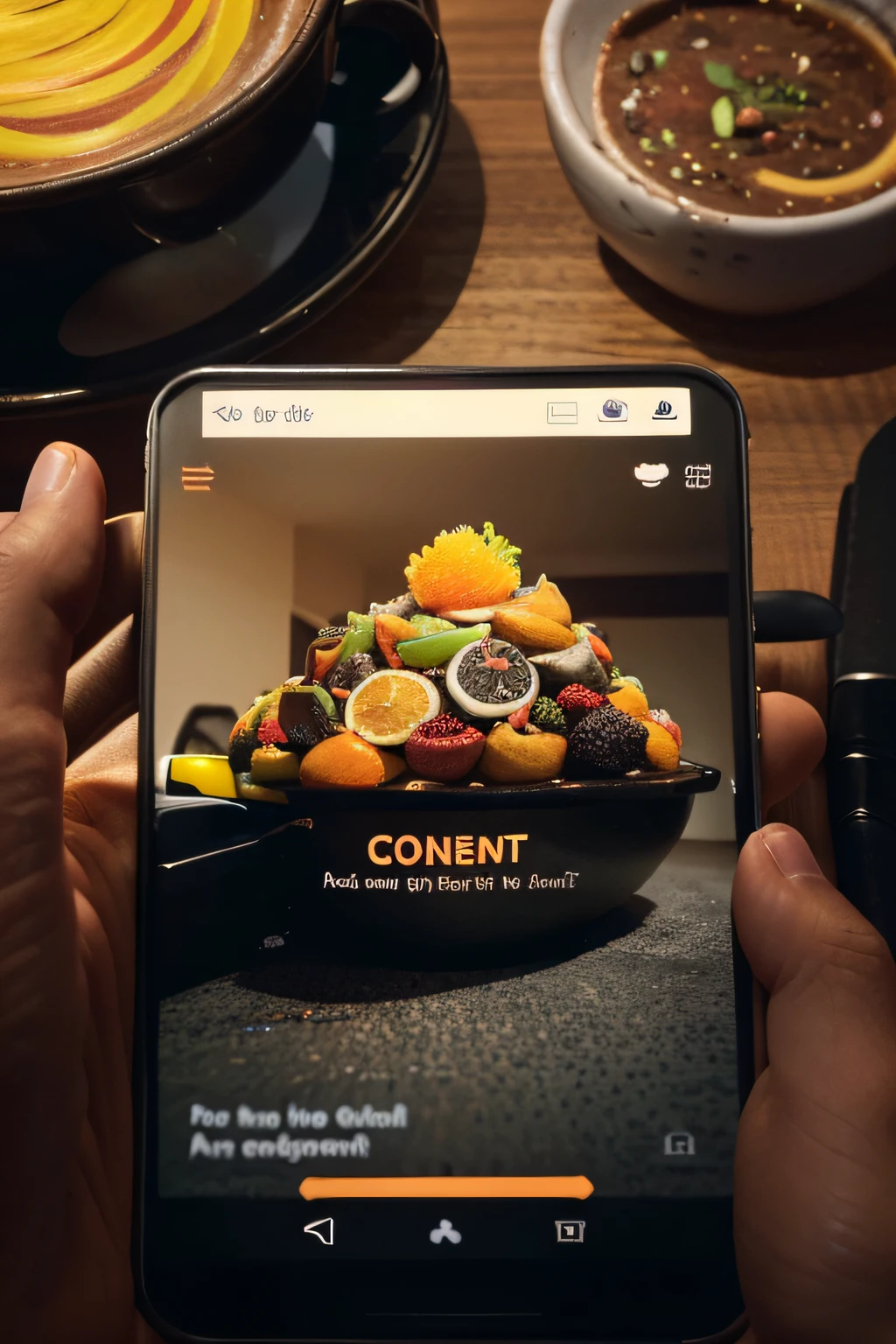 Create an image that represents the concept of 'Relevant Content' for an Instagram post. The image should show a smartphone with a screen displaying an interesting and engaging social media post. Make sure the image is colorful, highlights black, lead and orange colors and is visually appealing to highlight the importance of the relevant content