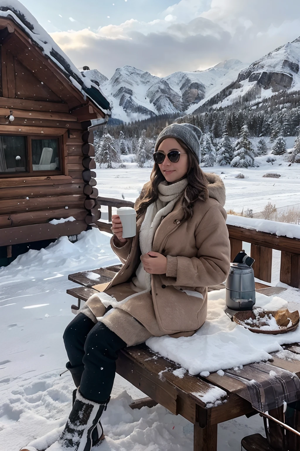 (best quality,ultra-detailed,realistic:1.37),winter in the mountains,beautiful blonde girl,sitting outside the cabin sunbathing,ski clothing, Oakley glasses with mirrored lenses reflecting the peaks,cosy cabin with smoke coming out of the chimney, snowy landscape, towering snow-capped mountains,crisp and clear mountain air,vivid colors,soft warm sunlight,sparkling snowflakes,frosty pine trees,majestic icicles hanging from the roof,tranquil atmosphere,majestic silence,peaceful solitude,rooftop covered in snow,log cabin with wooden beams,smell of burning firewood in the air,faint sound of crackling fire,snow-covered ground and tree branches,soft powdery snow,ski tracks on the slope,peaceful and serene ambiance,infinite wilderness,steaming hot cocoa on a wooden table,curling smoke from the hot drink,smell of freshly brewed coffee,feeling of warmth and relaxation,numbness from the cold,luxurious fur coat and mittens,fresh footprints on the snowy pathway,crunching sound beneath the boots,snowflakes gently landing on the girl's eyelashes,frosty breath appearing as white clouds,snowy mountains surrounding the cabin,feeling of being on top of the world,blue skies contrasting with white snow,twinkling stars above the mountain peaks,frozen lake in the distance,aurora borealis dancing in the sky.