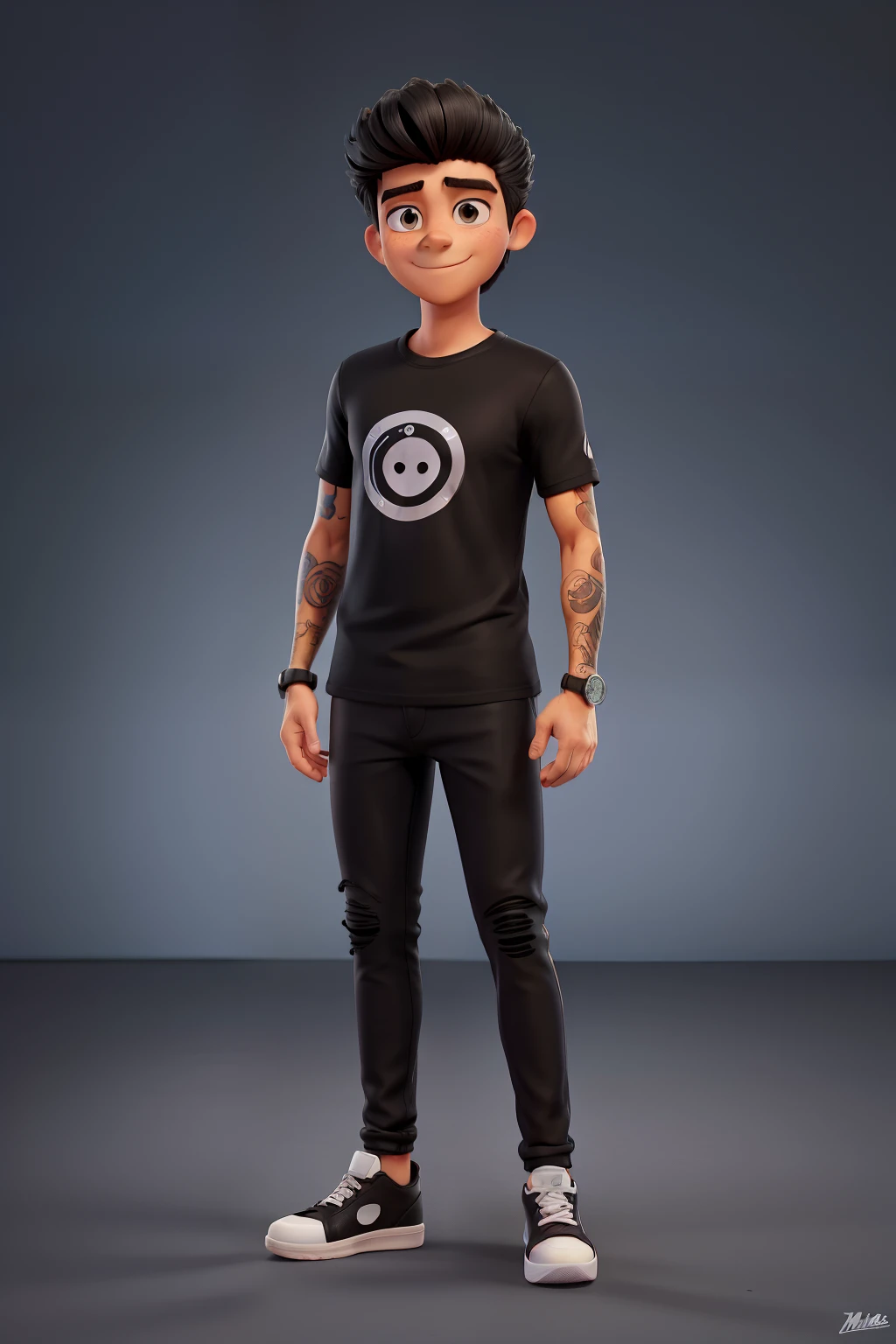Um homem moreno alto tem cabelo preto curto meio liso olho castanho escuro tem tatuagem tem alargador prata tem um sorriso lindo tem uns 1,70 too tall put on long black t-shirt long black jeans long black sneakers meio musculoso tem 21 anos o nome dele é Bruno