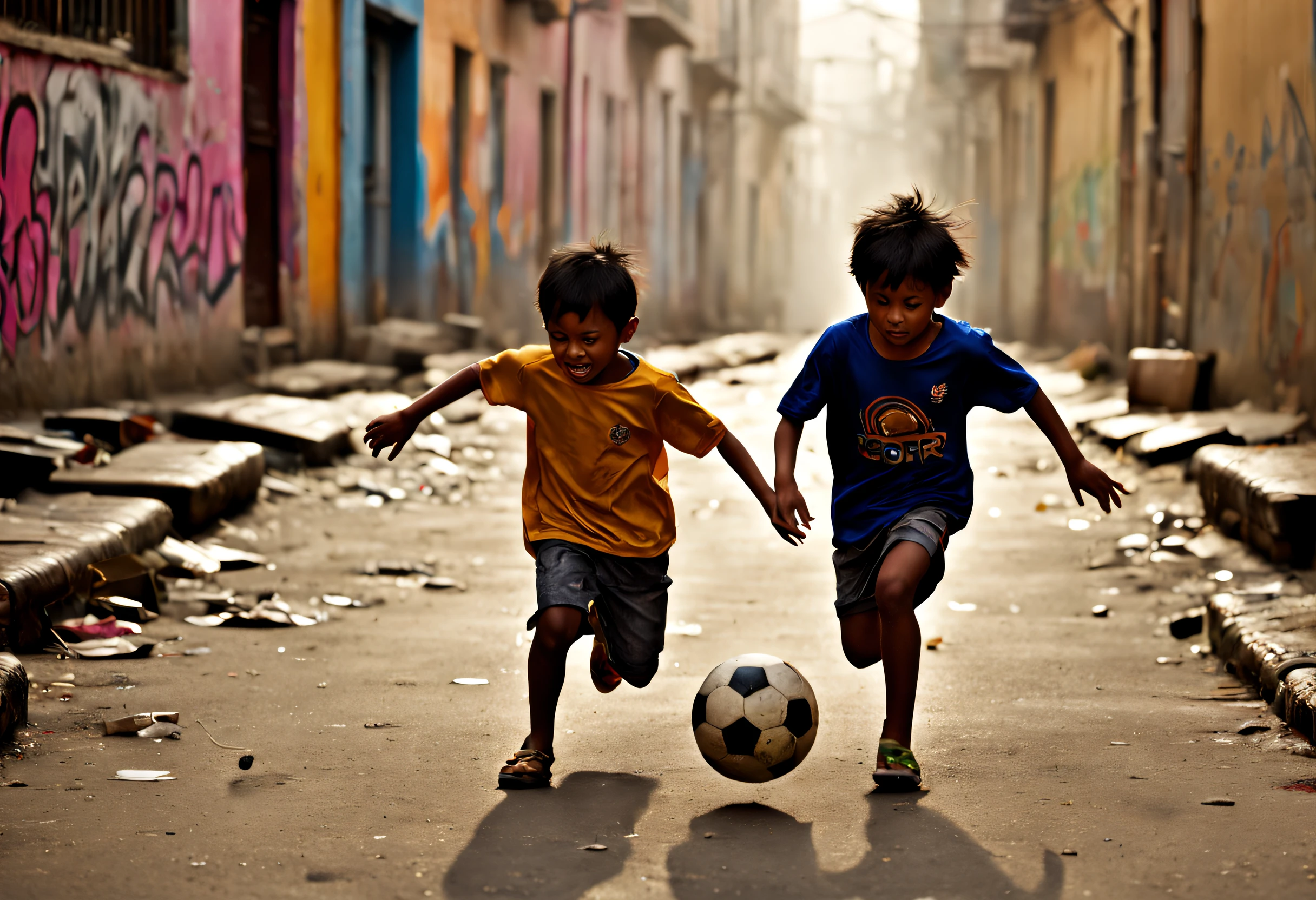 (best quality, 4k, 8k, high resolution, masterpiece: 1.2), ultra detailed, (realistic, photorealistic, photorealistic: 1.37),Best quality, ultra detailed, realistic, some (poor children playing soccer in the street:1.32), dirty asphalt ground, ruined buildings in the background, dust floating in the air, vibrant colors, motion blur, poverty, struggle, hope, life on the street. ,urban environment, sunny, intense light, walls covered in graffiti, faded paint, cracks in the floor, broken windows, faint sound of passing cars, children's laughter, (improvised goal made of stones and bags: 1.23), ball faded football, old and torn clothes, barefoot, smiles on their faces, street vendors selling snacks in the distance, lively atmosphere, vivid texture, urban decay, scattered abandoned toys, transparent shadows, energetic movements, effort and determination, community unity , passionate game ,。