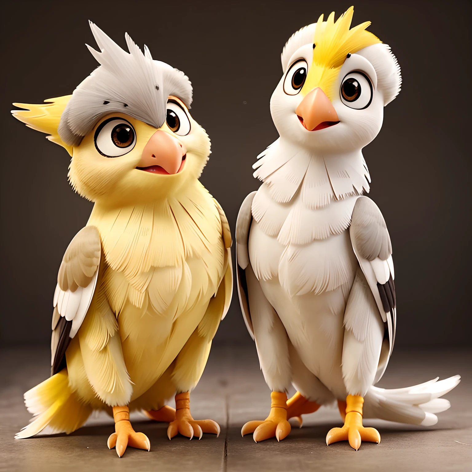 White and graphite cockatiel male and female yellow and gray cockatiel.