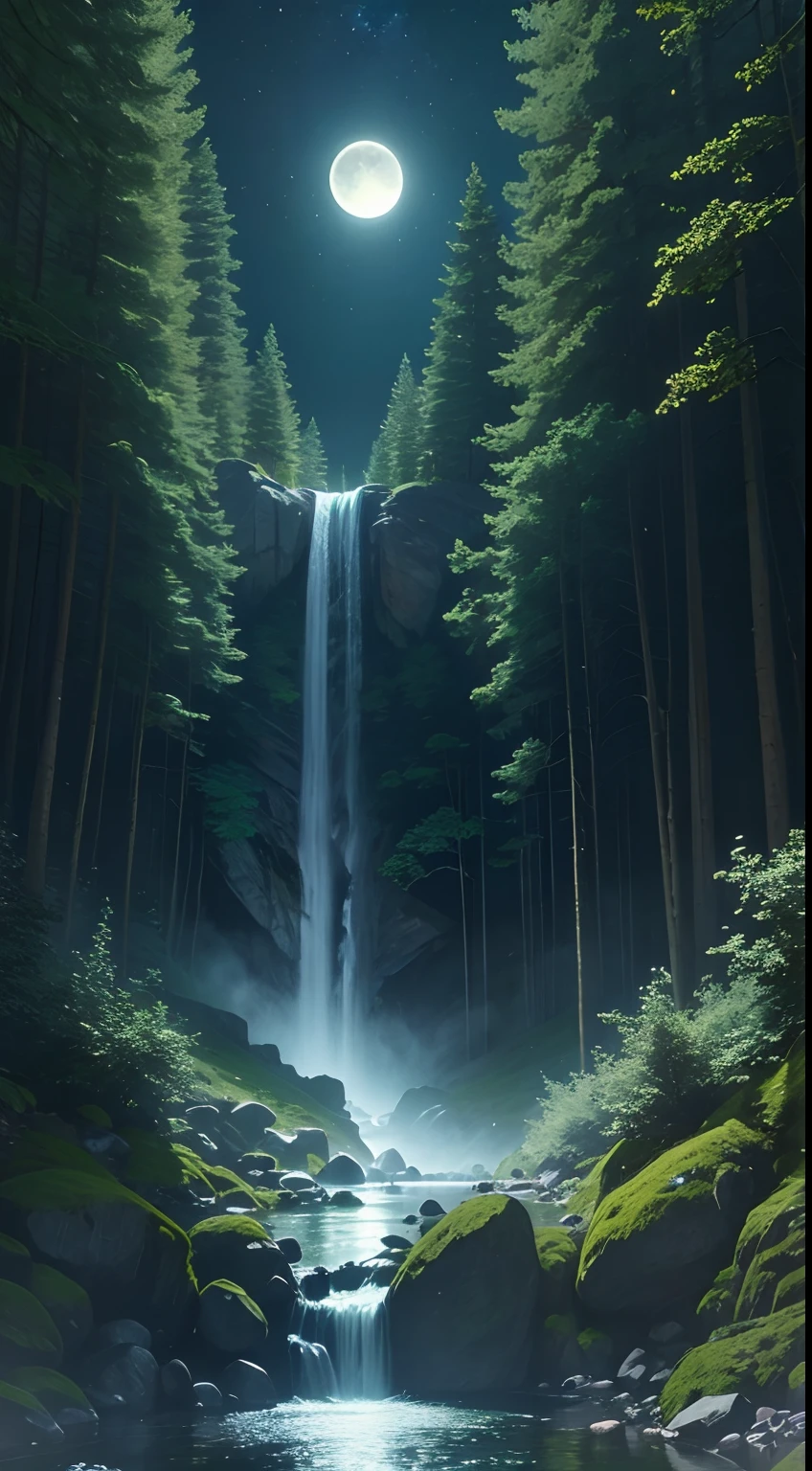 Ultra realistic 8k picture,green forest, bright beautiful night,full moon ,waterfall,
