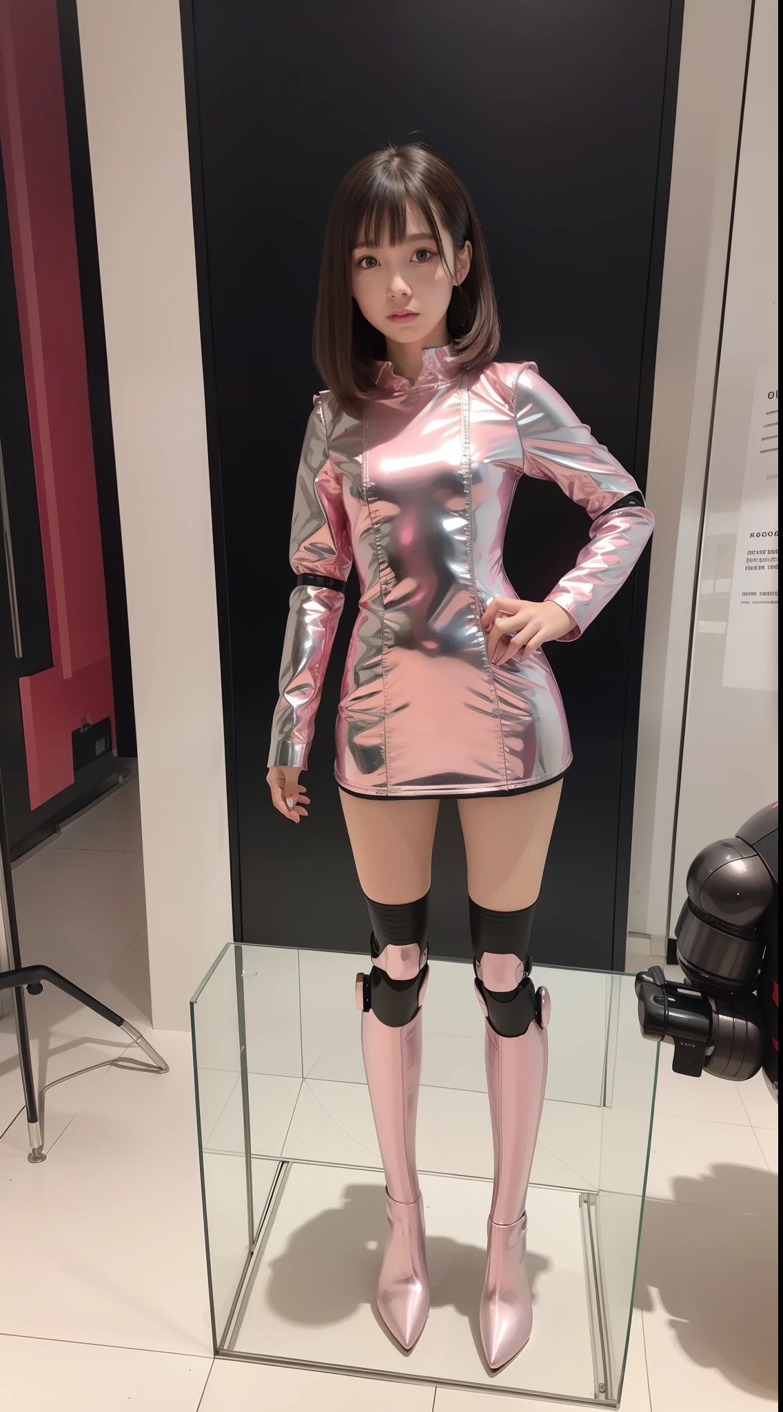 Robot Girl, pink there, Silver, Metallic body, Robot Parts, Metal Parts, Super Detailed Face, Super well-formed face, of the highest quality, a small face, small head, Brown hair, Slender body, Camera gaze, Internal Mechanical Exposure, Idol, front facing, Well-proportioned body, sale, exhibition, Event Hall, Moe Pose, pink metallic maid Dress Machine Armor, Standing with legs open, Hands on hips, Model body type, sad, Embarrassing,(Perfect Robot Girl),(Perfect machine body)