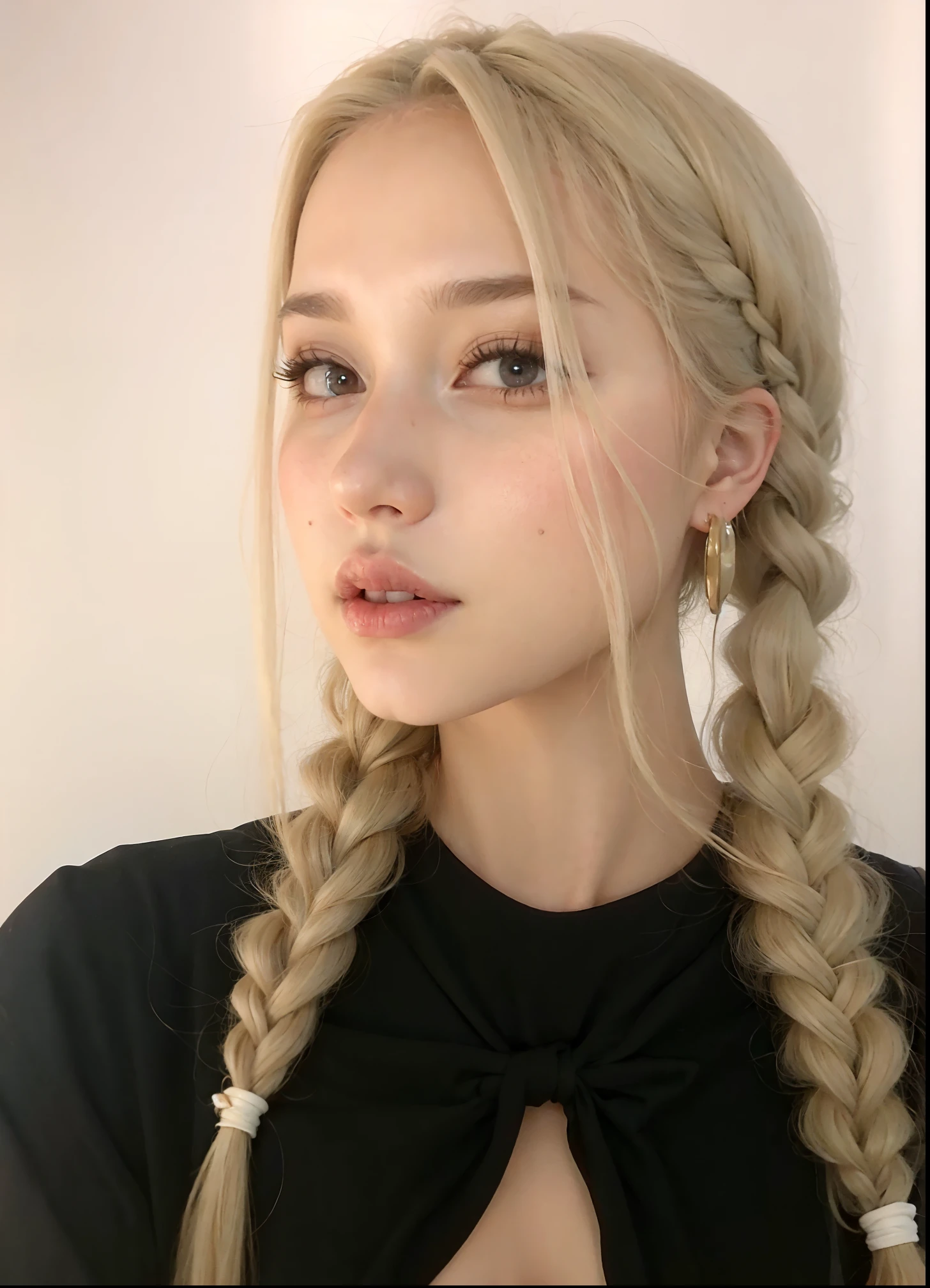 KarolinaDemy:0.9 piercing eyes, looking straight, very happy, blonde hair, quad braids, wearing an off-shoulder sweater, choker, closeup portrait, in a outdoor cafe in 2015, afternoon light, <lora:KarolinaDemy:0.9>