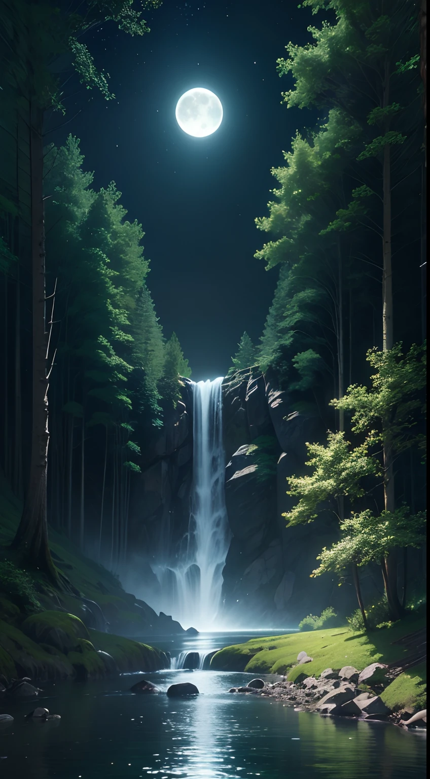 Ultra realistic 8k picture,green forest, bright beautiful night,full moon ,waterfall,