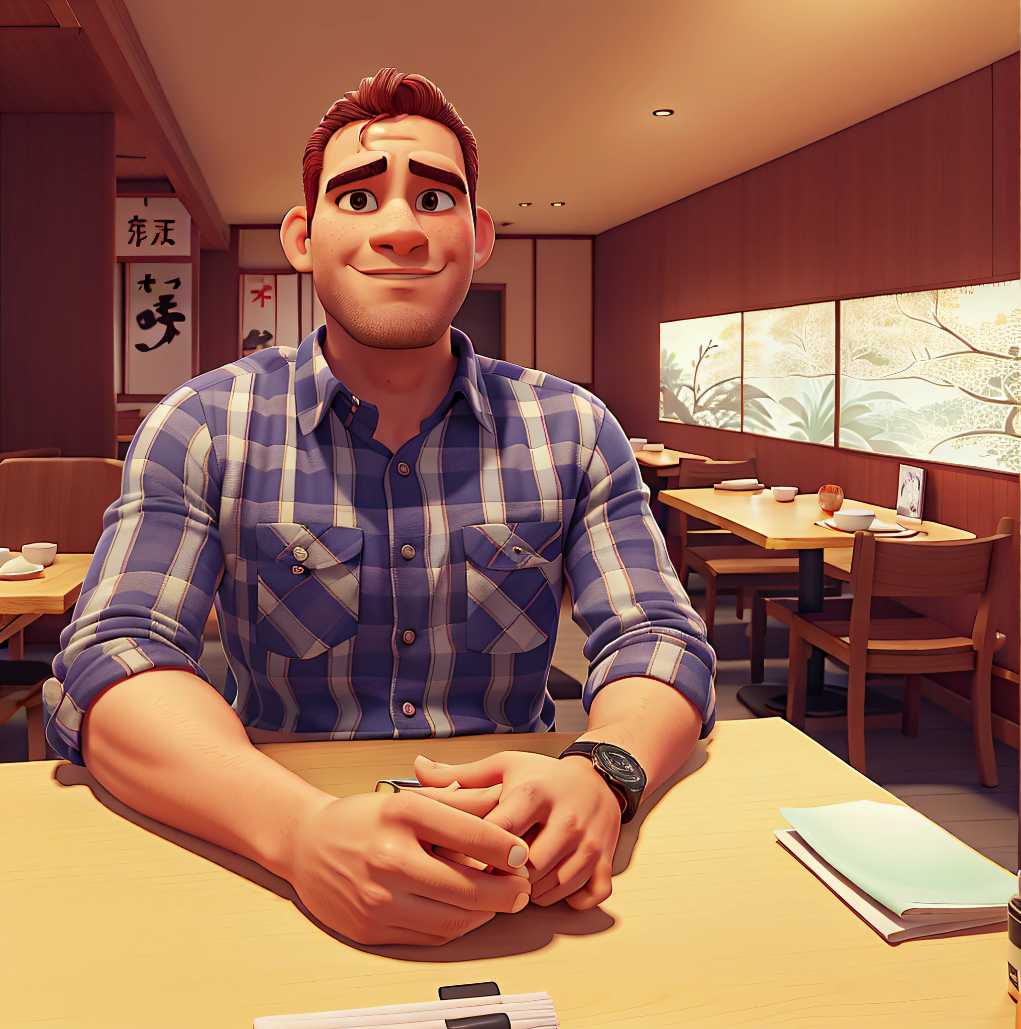 Um homem moreno, sentado de frente, vestindo camisa xadrez de cor roxa e laranja, At a Japanese restaurant table, wearing a watch on his left wrist, Against the backdrop of a Japanese restaurant.