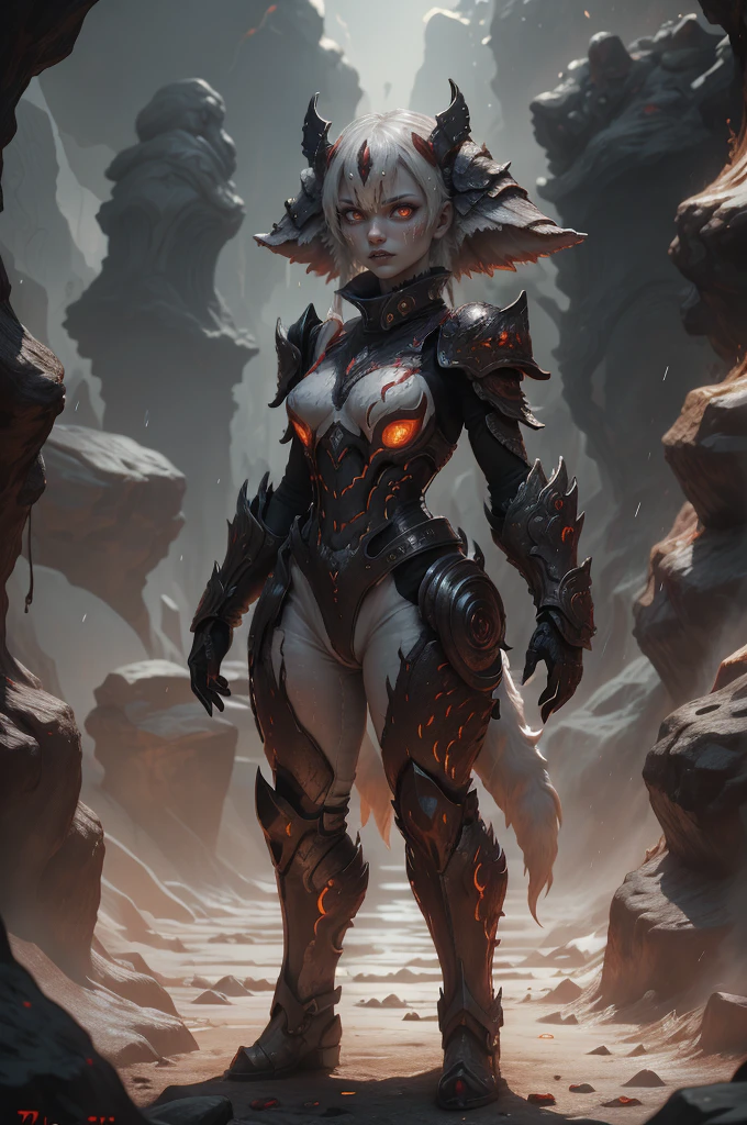 ( y power armor litthic style), mascara , best quality, sharp even fangs , teeth ,light, rain,girl vampire, in a dark fantasy setting, white hair, red eyes, jade like white skin, black armor wore under a white suit. Add a monster as a pet, fullbody shot of a female punk ornate angry reptiloid, black possessed eyeballs, possessed eyes, imperfect wet skin, anthropomorphic, fashionable, cool, outdoor photography, bright studio light, ultra-high contrast, deep black sharp contrast shadows, AO, professional, realistic, photo, 8k, ISO 80, 70mm lens, depth of field, 35mm film, by Lillian Bassman