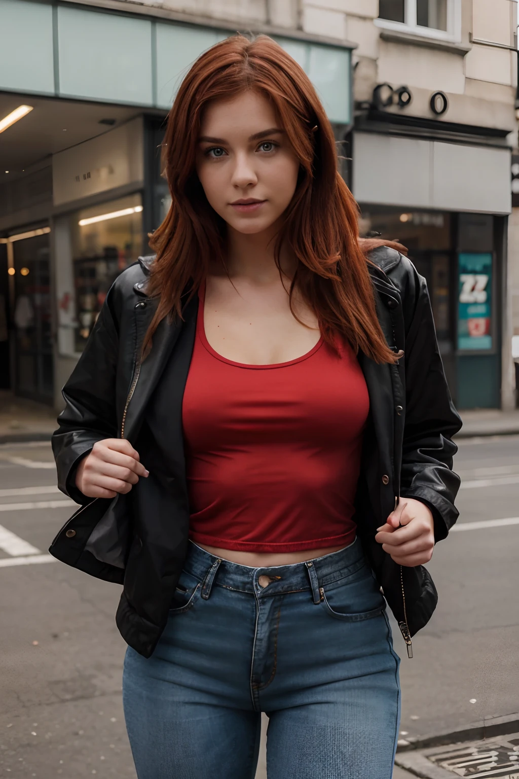 Twenty-two-years-old Irish girl, attractive body, tanned skin, common breast size, red hair style. She wears a black tank top, red jacket and black jeans.