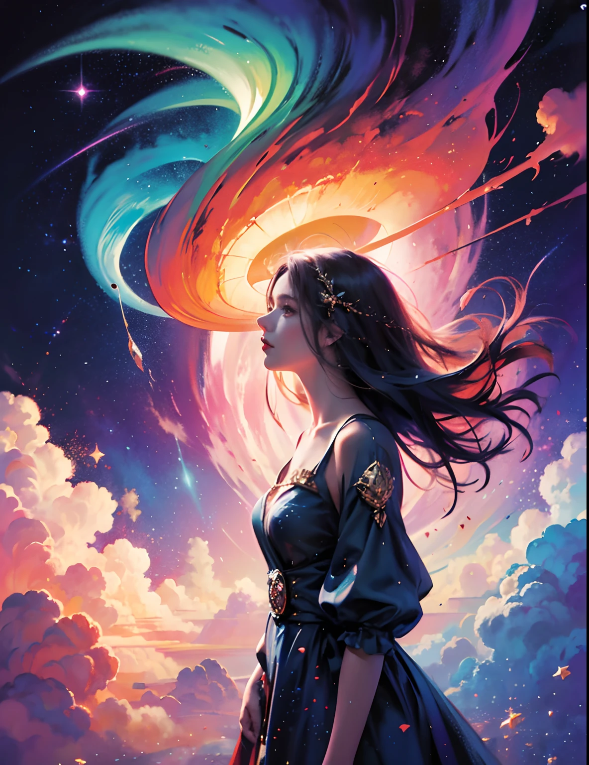 Girl standing in the clouds, stars floating around her, brilliant colors, amazing swirls of cosmic dust, colorful vibrant, light particles, water color painting, splash art,