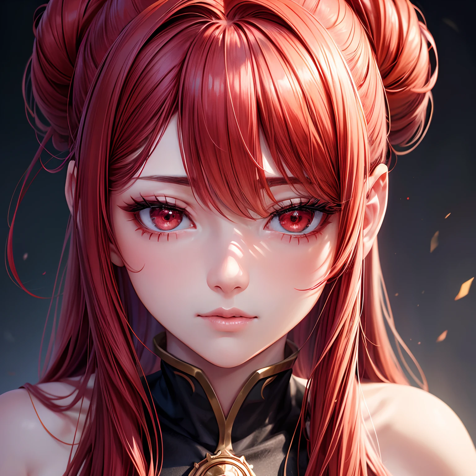 1girl, long hair, red hair, double bun hair, bangs and marginal choppy hair, big eyes, red eyes, thick eyelashes, eye shadow, relaxed, red jacket,(Highly detailed CG,module,8K wallpapers)،(an extremely delicate and beautiful)،(巨作)،(Top Jude) ،( high-resolution)Beautiful lighting, realistic shade,[high-resolution],Detailed skin,Highly detailed,Detailed faces and eyes,Realistic eyes