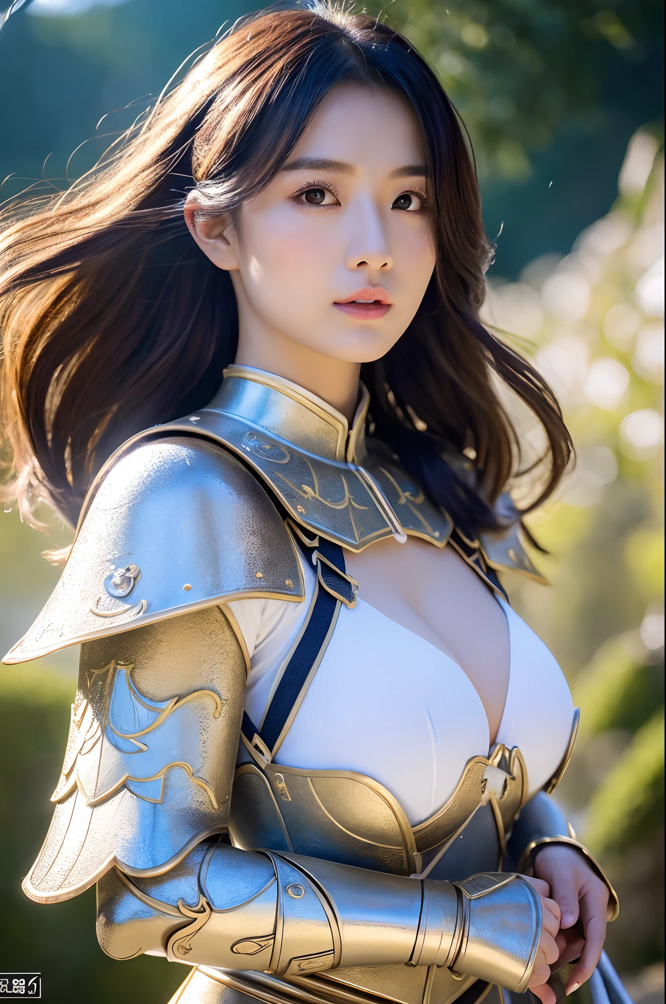8K、Big Breasts Super Detailed、​masterpiece、top-quality、(ighly detailed)、dynamic ungle、mysterious look、Wind-effect、Fantasy Background、Rim Lighting、ciinematic light、超A high resolution、8K UHD、film grains、Best Shadows、delicate、RAW、Particles of light、detailed skin textures、detailed armor texture、A detailed face、intricate-detail、ultra-detailliert、发光、strong con、Silver armor、(Holding weapons)、Slashing、Slashing Action、large full breasts,scapular、radiant eyes、 long cloak、Fantasia、(逼真)、armor on the shoulders、Convoluted、Convoluted、Perfect litthing、looking at the viewers、电影灯光、flying though the air、flight、Holy Light、Brilliant、bangss、Windy、Frozen mountains々、Long white wavy hair、Rich Queen,A sexy,enticing,Short Bob,Precision Decorated Chest Armor,