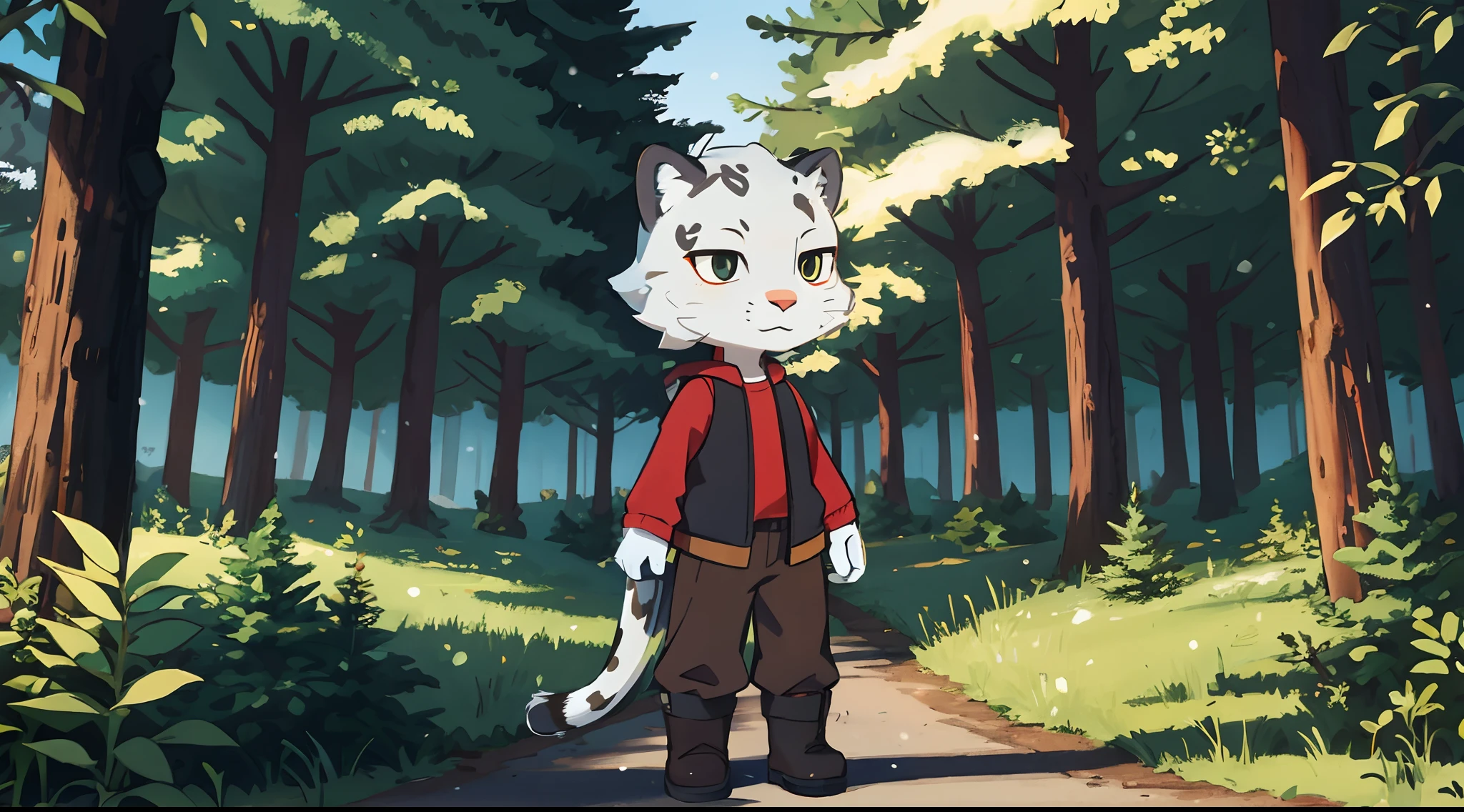 Snow leopard, Furry, white wool, cat tail, red shirt, Black Jelly, brown pants, Black Boots, Background Forest