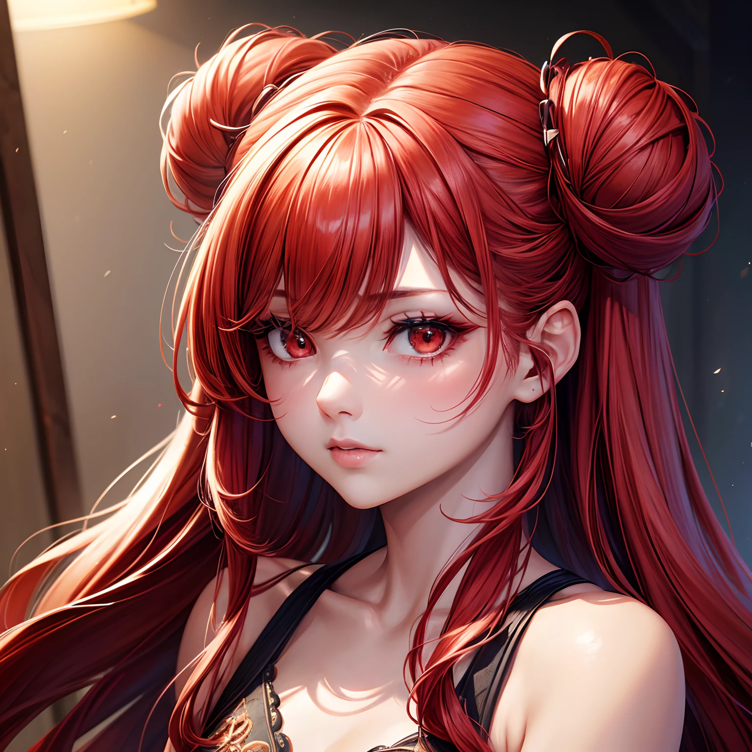 1girl, long hair, red hair, double bun hair, bangs and marginal choppy hair, big eyes, red eyes, thick eyelashes, eye shadow, relaxed, red jacket,(Highly detailed CG,module,8K wallpapers)،(an extremely delicate and beautiful)،(巨作)،(Top Jude) ،( high-resolution)Beautiful lighting, realistic shade,[high-resolution],Detailed skin,Highly detailed,Detailed faces and eyes,Realistic eyes