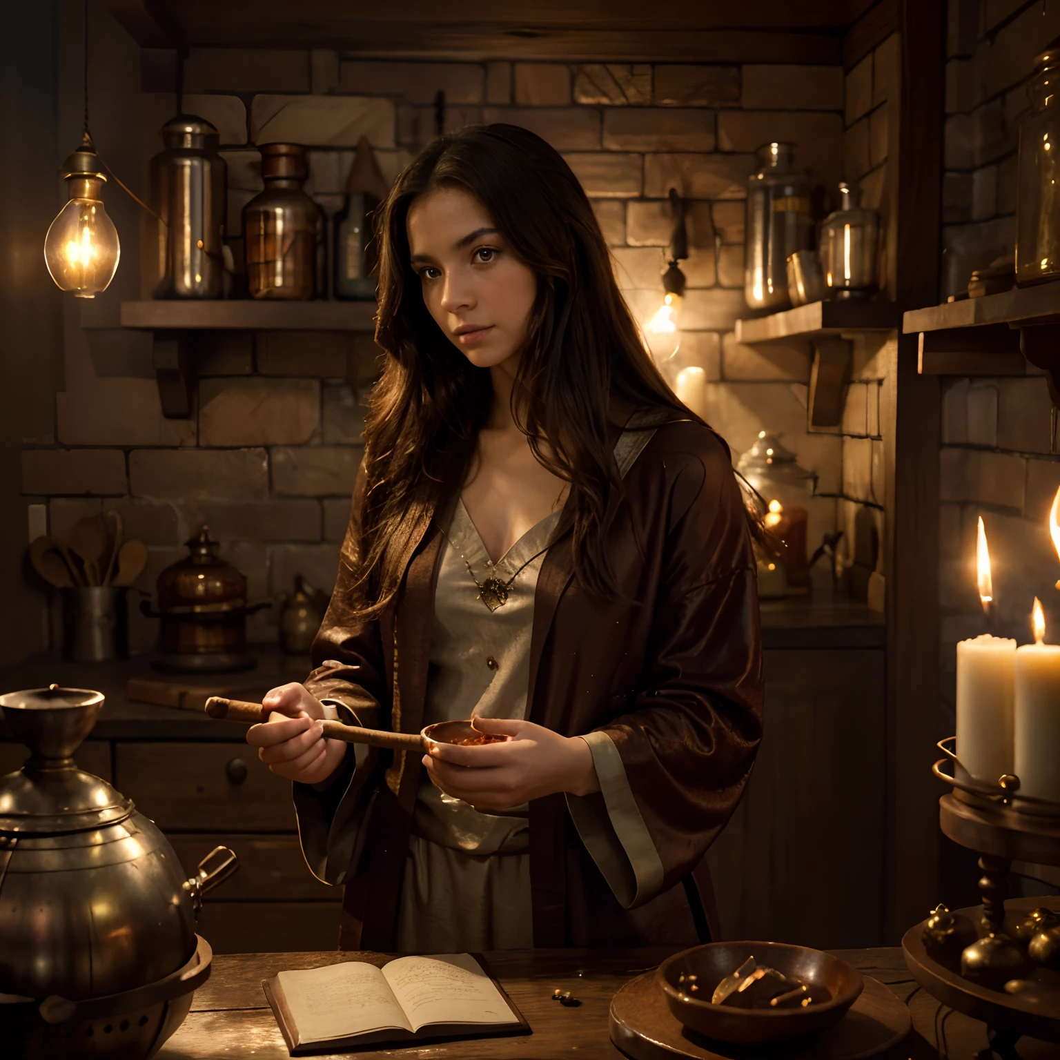 (best quality,4k,8k,highres,masterpiece:1.2),ultra-detailed,(realistic,photorealistic,photo-realistic:1.37),
Teenager with dragon traits,16-year-old female, a talented alchemist,
vibrant colors,soft lighting,portraits,sharp focus,
dragon-like eyes,small scales on the cheeks,detailed dragon tattoos on the arms and shoulders,dark hair with streaks of fiery red,
standing in a mysterious laboratory with bubbling potions,books and vintage glassware,
wearing a long, flowing robe made of shimmering dragon scales,holding a wooden staff with a glowing crystal at the top,
surrounded by swirling smoke and sparks of magic,
the room illuminated by the warm glow of candlelight,
creating a sense of wonder and mystique in the artwork.