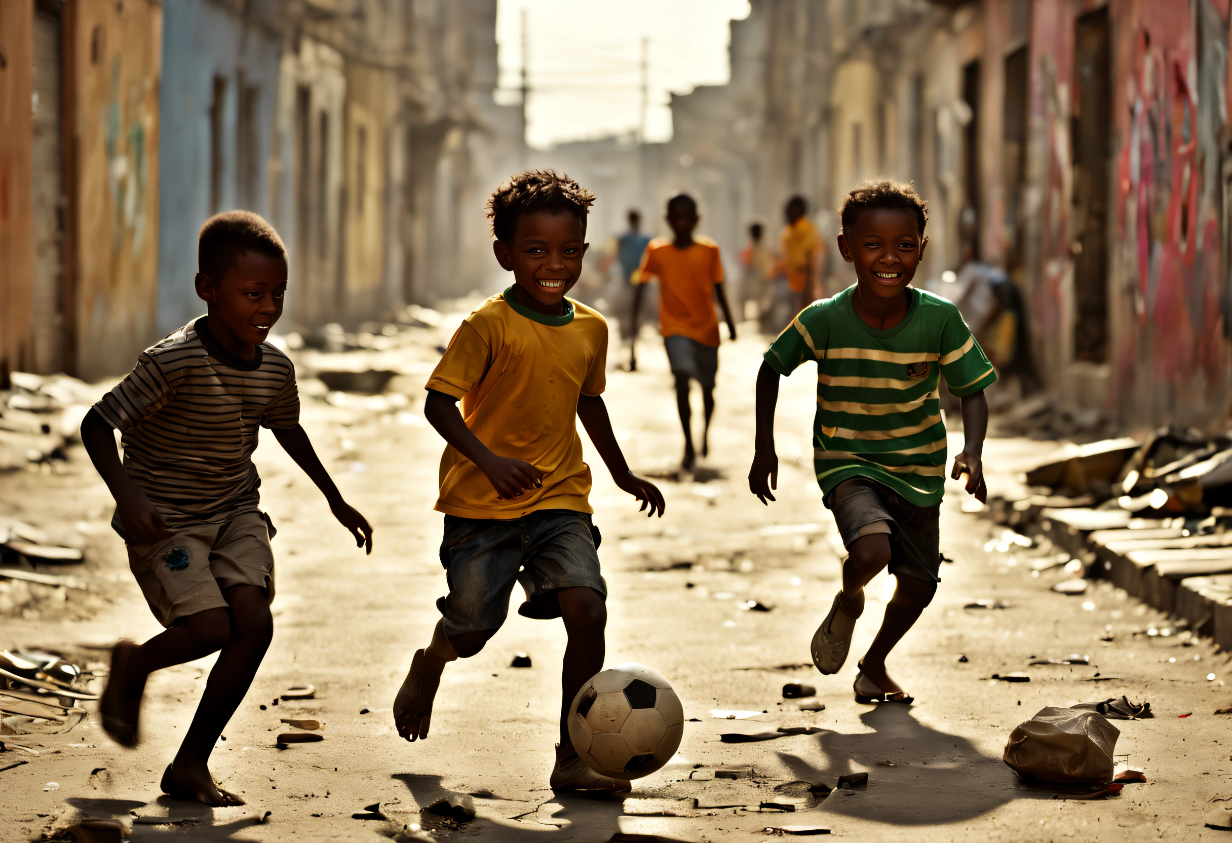 (best quality, 4k, 8k, high resolution, masterpiece: 1.2), ultra detailed, (realistic, photorealistic, photorealistic: 1.37), Best quality, ultra detailed, realistic, professional photography of some (poor children playing football in the street: 1.32), Dirty asphalt ground, ruined buildings in the background, dust floating in the air, vibrant colors, blurred motion, poverty, struggle, hope, life on the street. ,urban environment, sun, intense light, walls covered in graffiti, faded paint, cracks in the floor, broken glass, faint sound of passing cars, children's laughter, (improvised goal made of stones and bags: 1.23), ball of faded football, Old and torn clothes, barefoot, smiles on their faces, street vendors selling snacks in the distance, lively atmosphere, vivid texture, urban decay, scattered abandoned toys, transparent shadows, energetic movements, effort and determination, community unity, Passionate game, award-winning image.