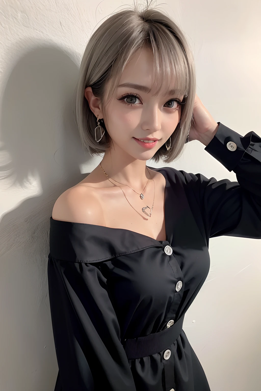 Masterpiece, 8K, award-winning photos, photorealistic, realistic, ultra detailed, ultra high definition, ray tracung,
__
the most beautiful, 22 years old ,(sexy,Japanese idol, gray hair, short hair),shiny skin , detailed skin , detailed face , detailed eyes ,
__
__
(droopy eyes:1.2) ,(Natural makeup:1.2),(smile:1.3),glistening teeth,
__
glowing blue eyes, (tan skin:1.2),
__
BREAK (black theme:1.4), (tucked out and button-up oversized black collared-shirt dress with black shirt dress-hem:1.5), (long sleeves:1.2), ((collarbone, wrist):1.3),
BREAK (White theme:1.2), (White tight long-pants:1.2), (ankle:1.3), (high heels:1.2), ((necklace, earrings):1.2),
__
at a shopping mall, highly detailed background, , ultra-realistic textures, dramatic lighting ,raw photo, 1girl,